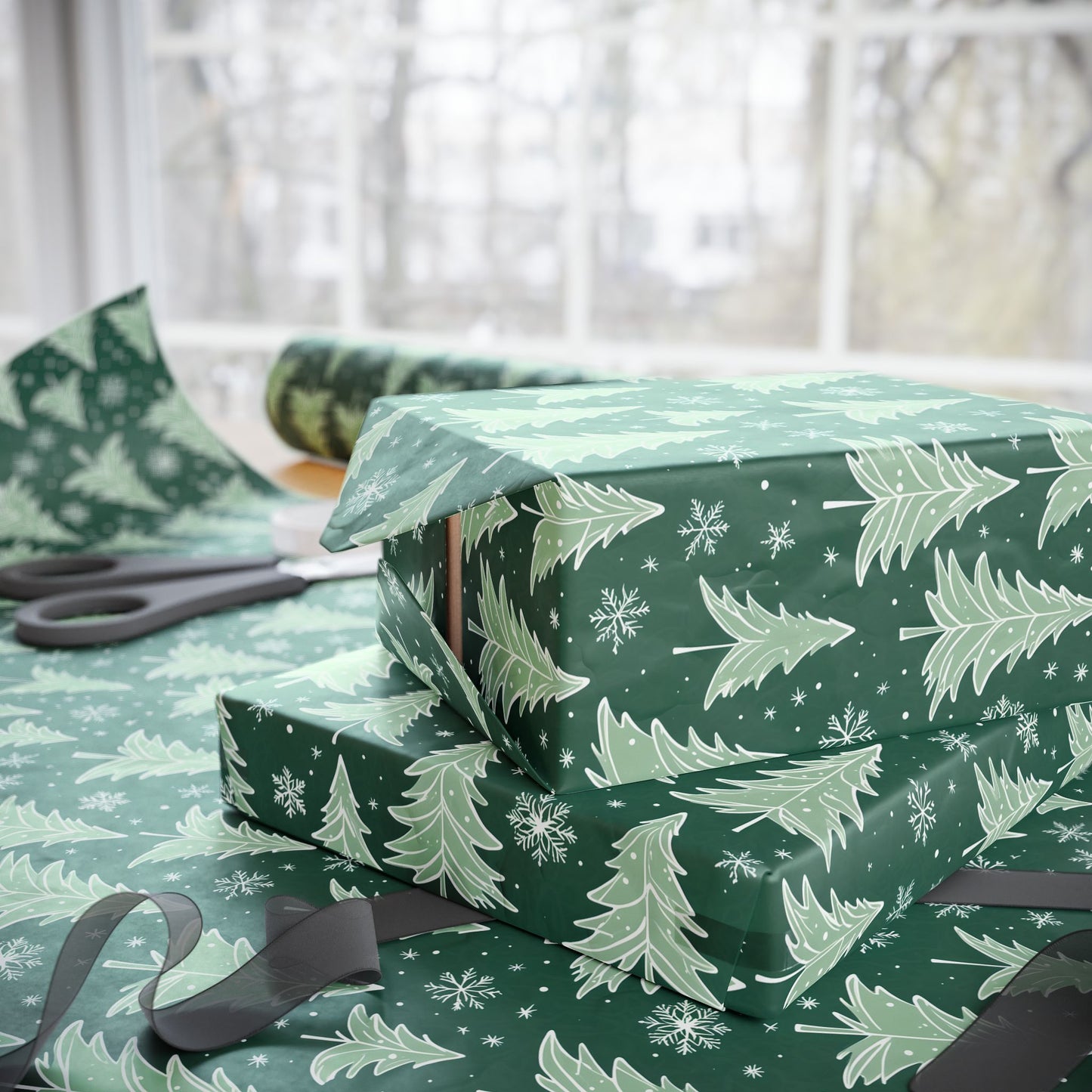 Scandi - Chic Green Christmas Tree Wrapping Paper – Modern Nordic Holiday Gift Wrap