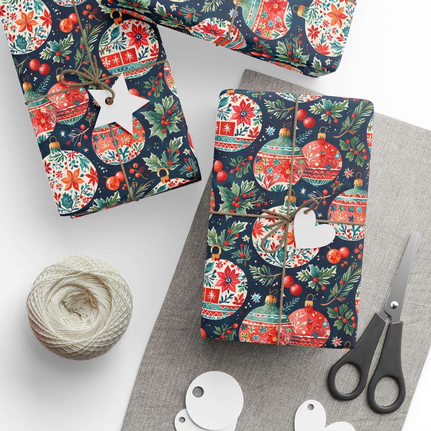 Twinkle Tinsel & Midnight Mistletoe – Folk Art Ornament Wrapping Paper