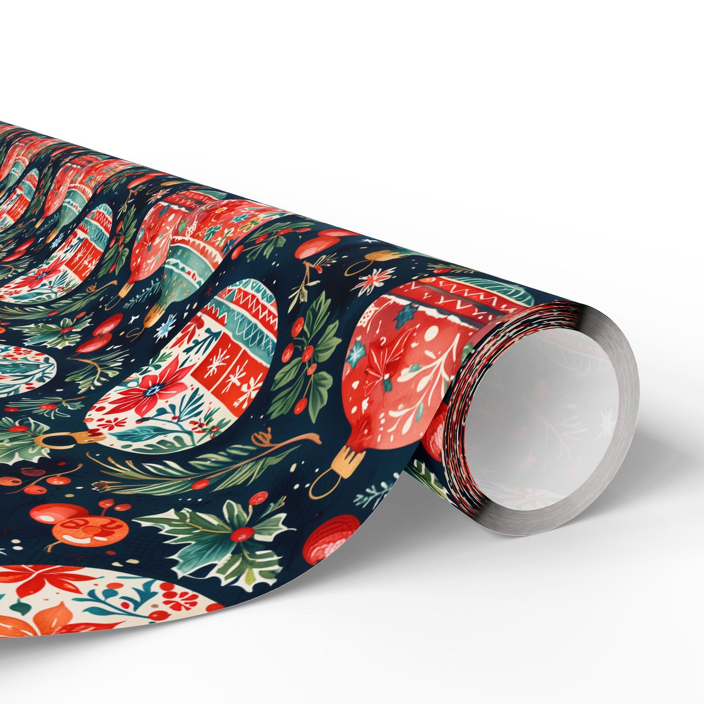 Twinkle Tinsel & Midnight Mistletoe – Folk Art Ornament Wrapping Paper