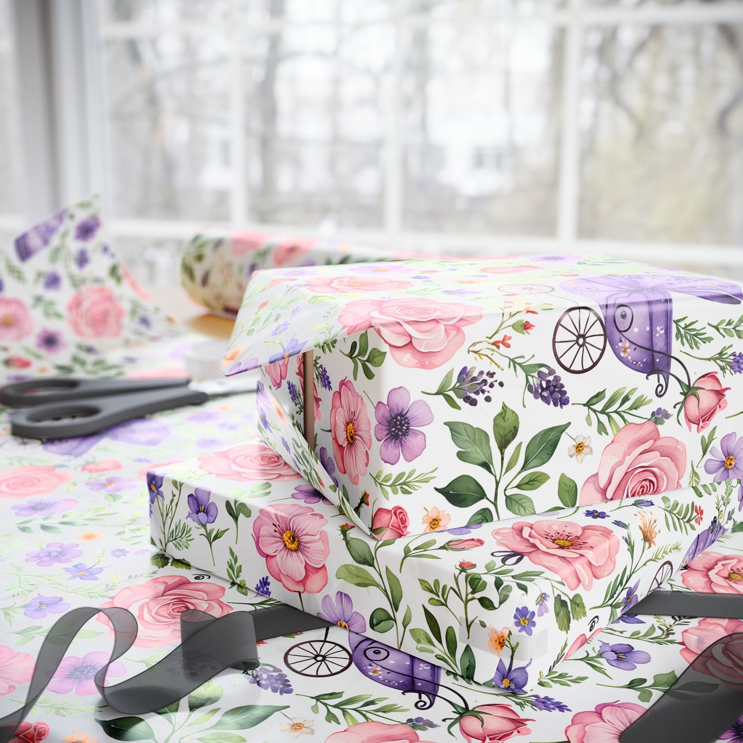 Baby Shower Gift Wrap with Floral and Baby Carriage Design