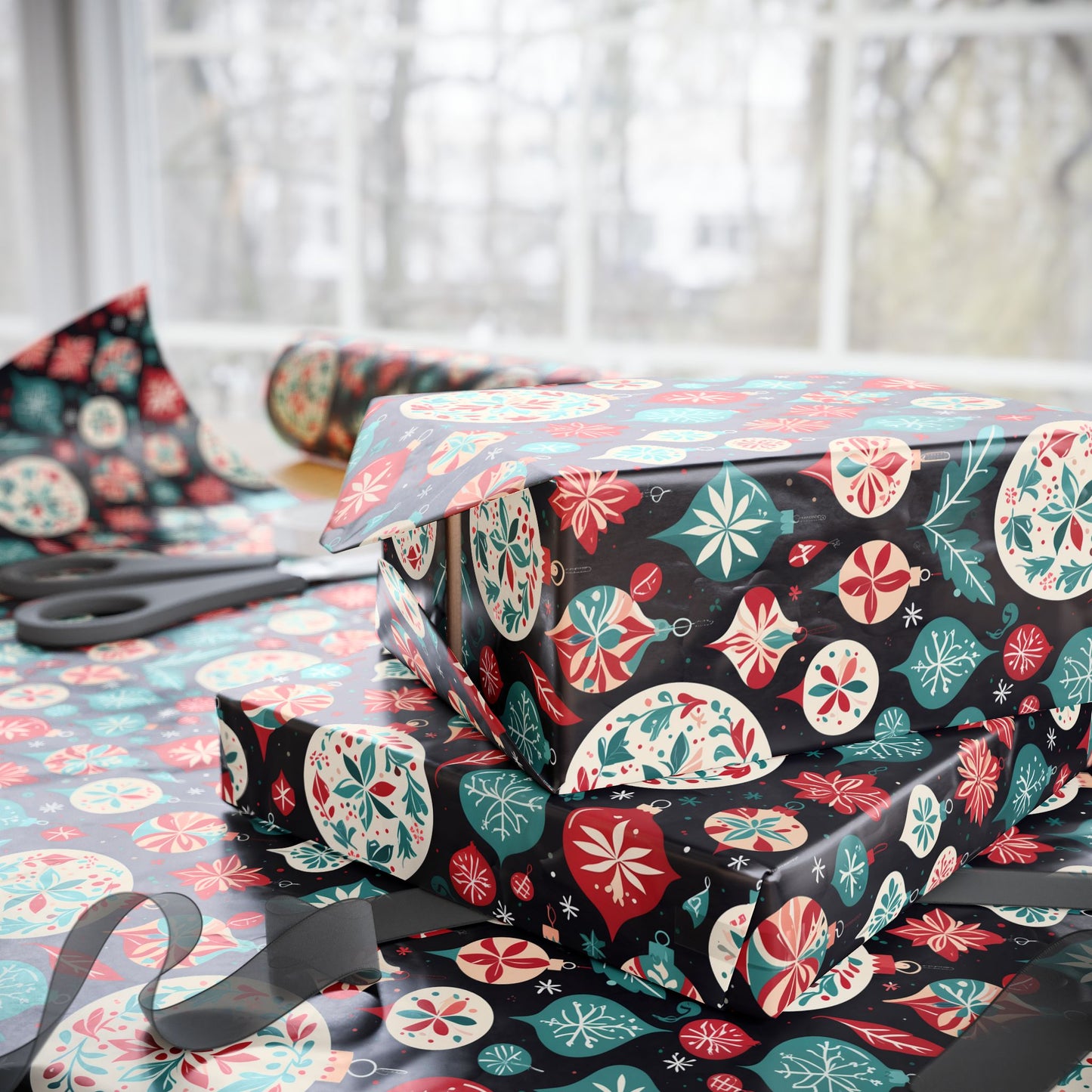 Colorful Aqua and Red Ornaments Wrapping Paper
