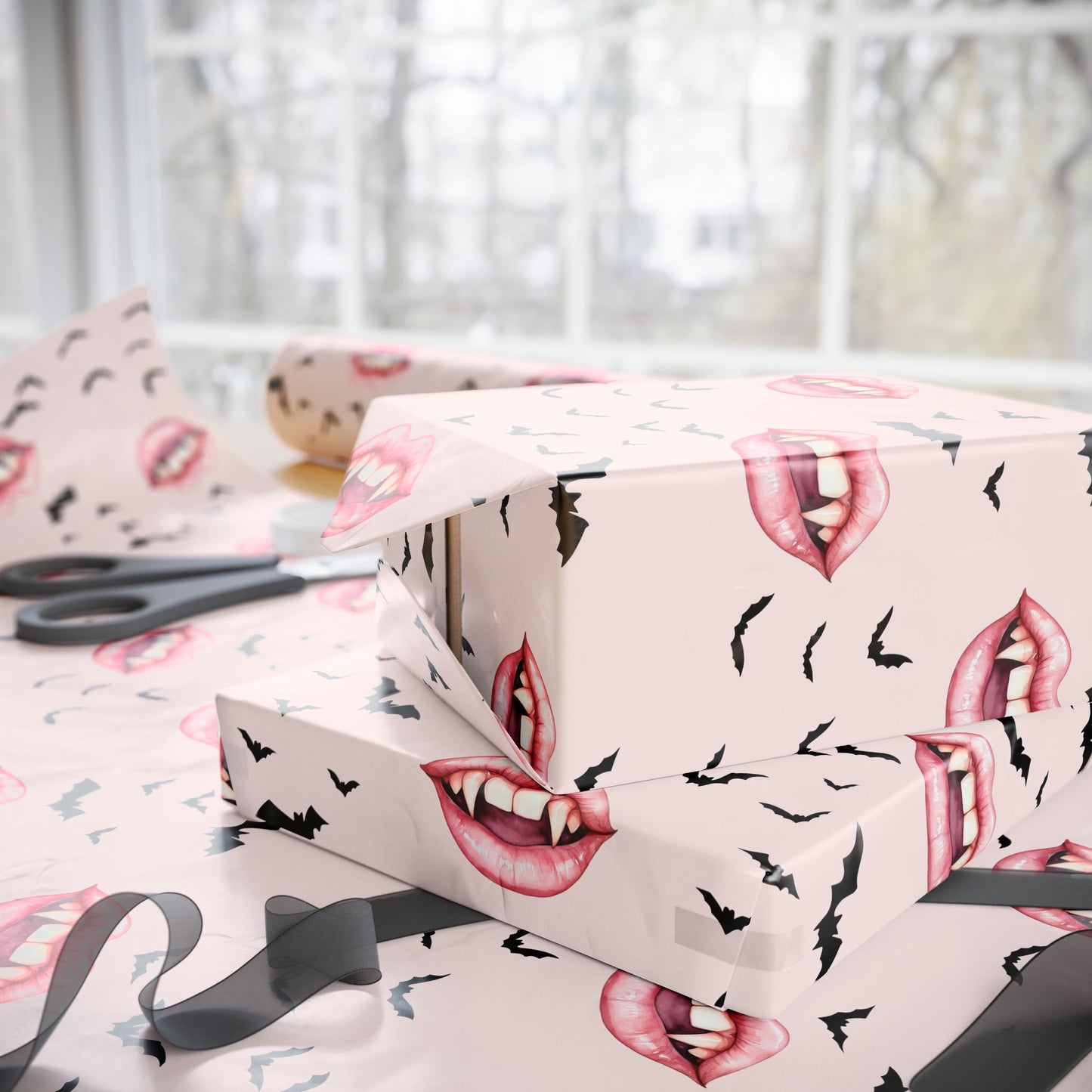 Vamp It Up – Fanged Lips & Bat Kisses Wrapping Paper