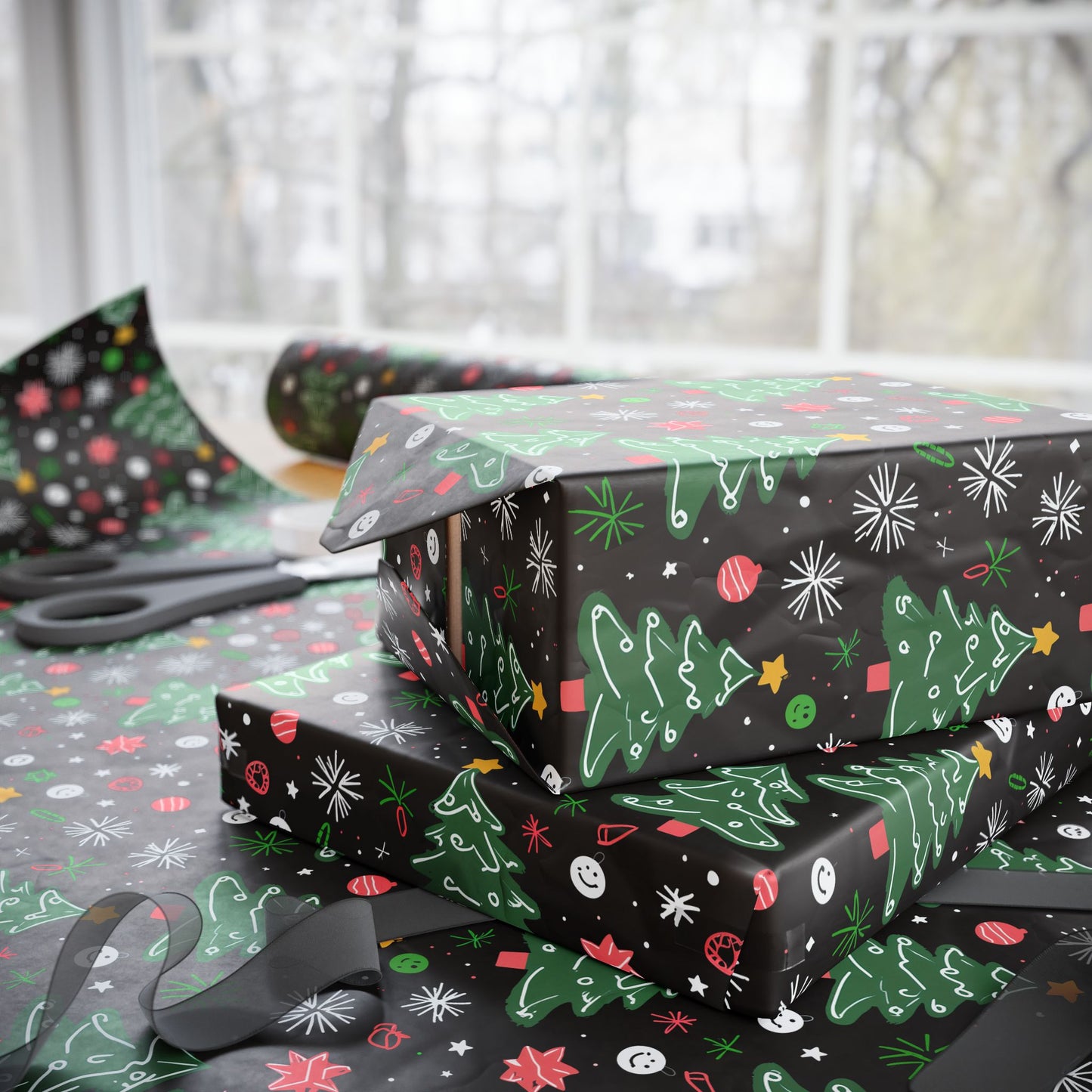 Merry Mischief – Doodled Christmas Tree Wrapping Paper
