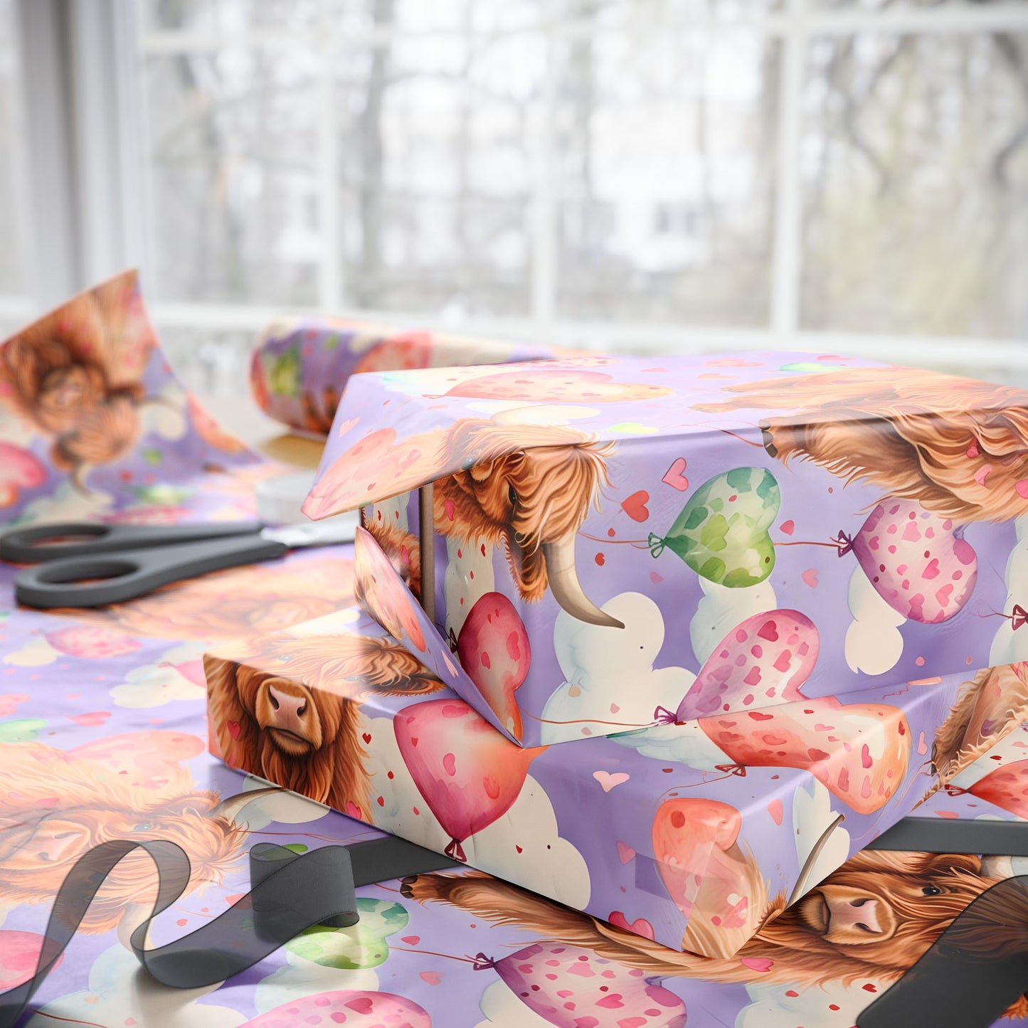 Wrapping Paper: Purple Valentine's Day Highland Cow