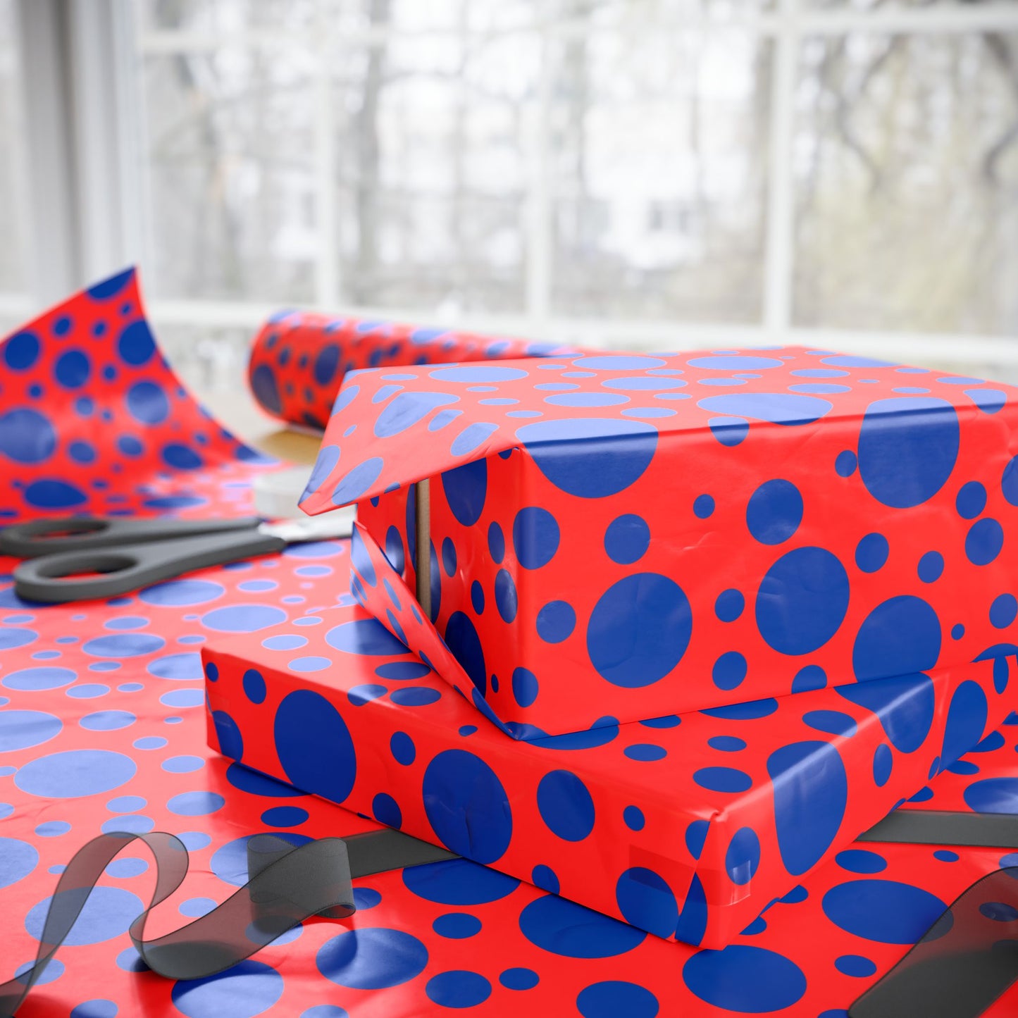 Dot Riot – Bold Blue on Red Modern Wrapping Paper