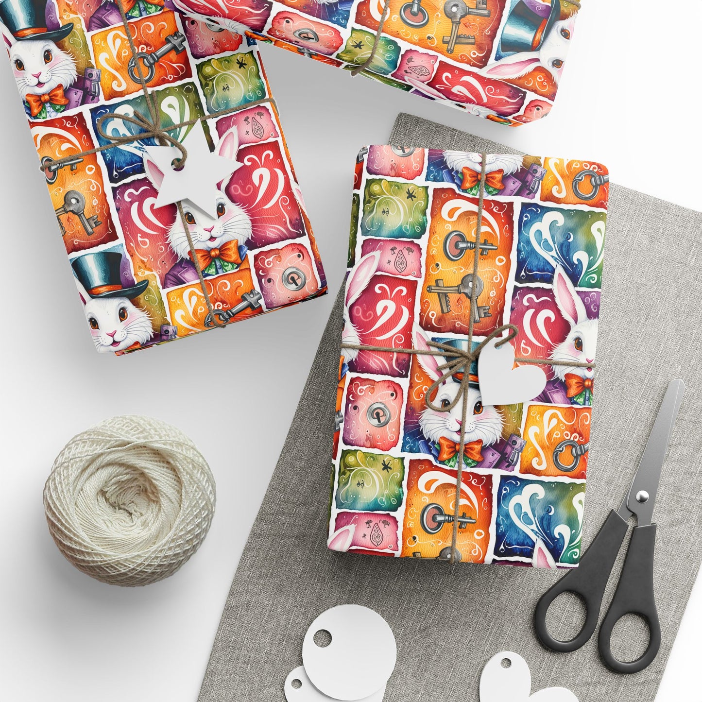 Alice in Wonderland Gift Wrap with Keys & Magic, Whimsical White Rabbit Wrapping Paper