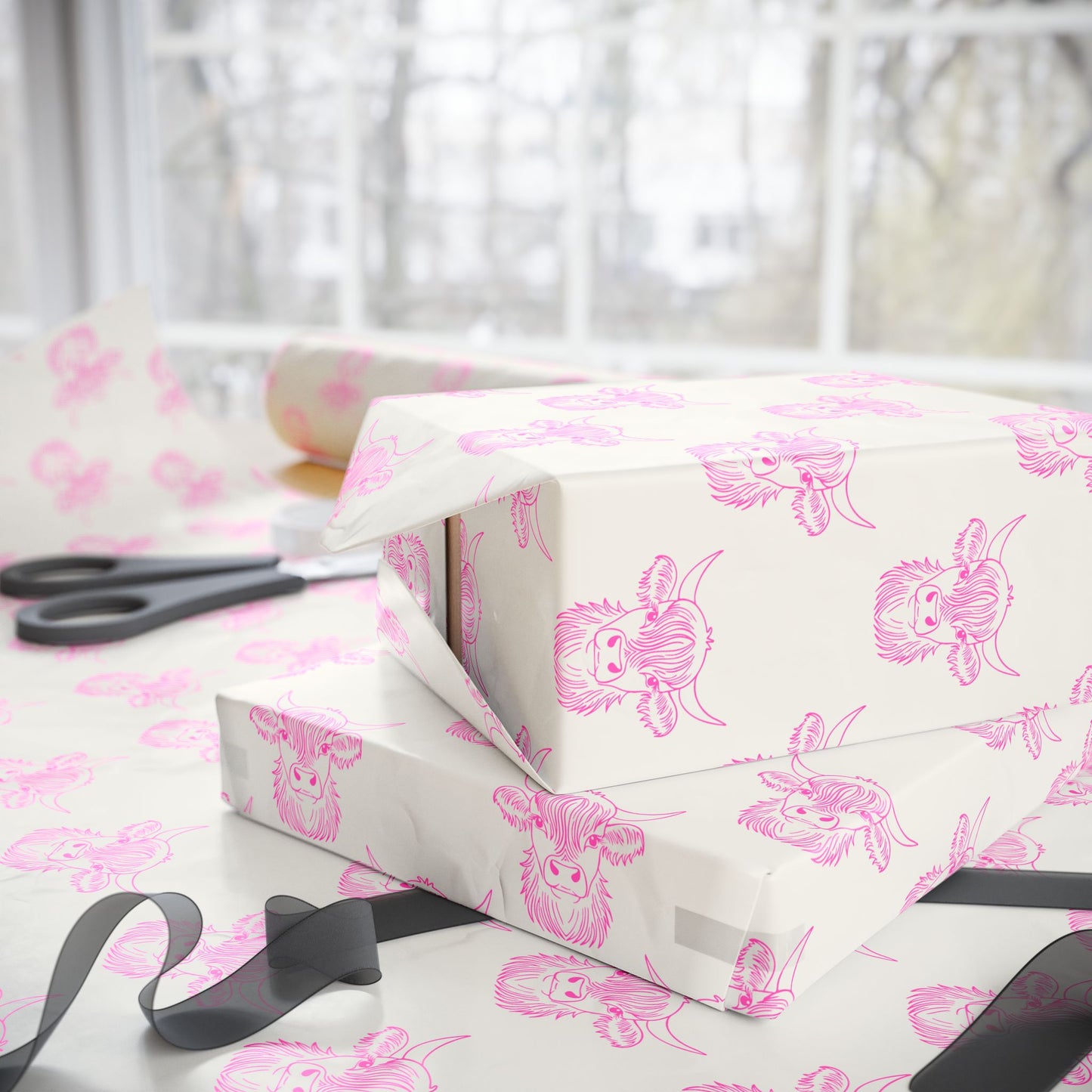 Pink Cute Highland Cow Wrapping Paper Roll
