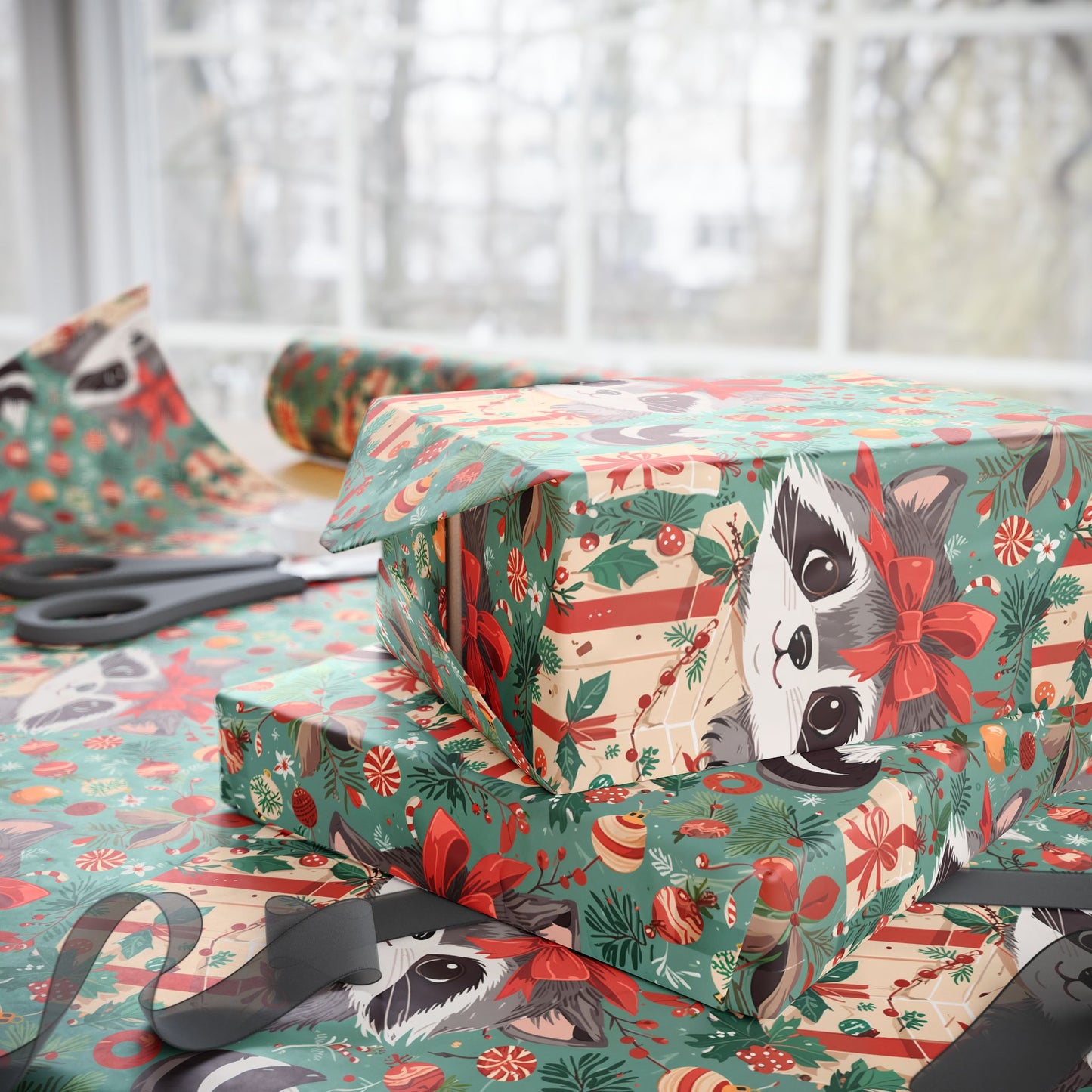 Raccoon Around the Christmas Tree – Whimsical Woodland Wrapping Paper