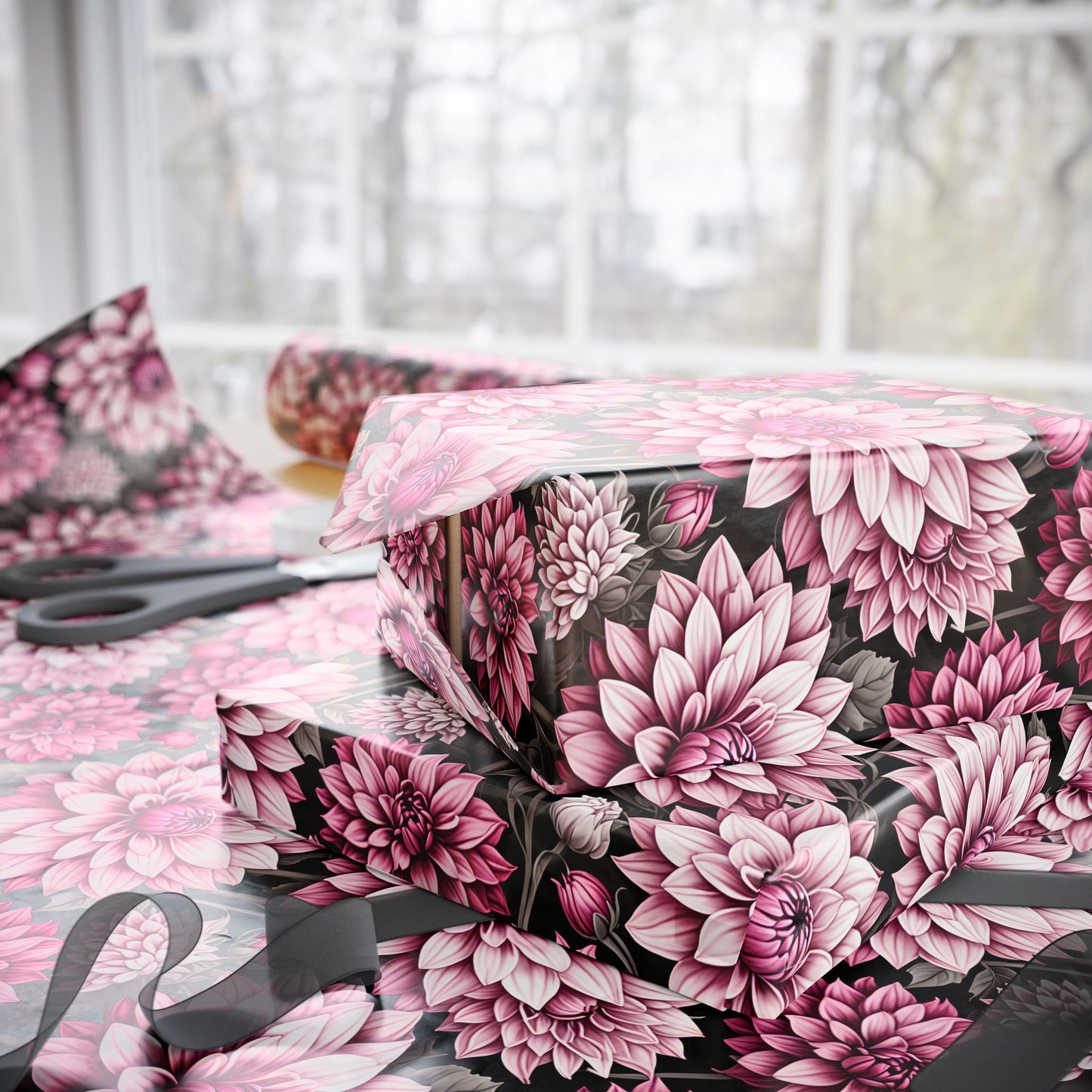 Dahlia Fields of Pink White Black Gift Wrapping Paper