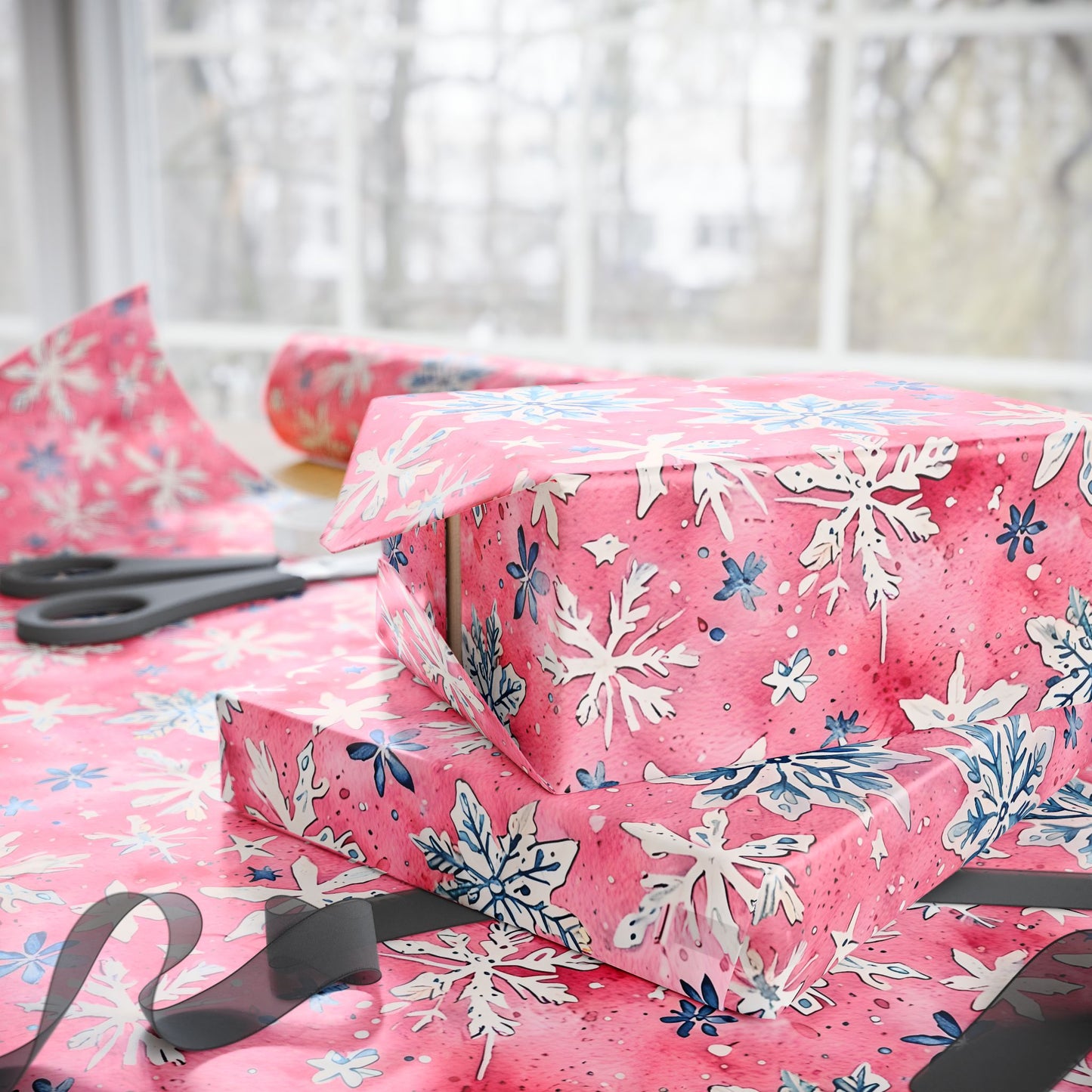 Frosted Flurries & Blush Whirlwinds – Pink Snowflake Wrapping Paper