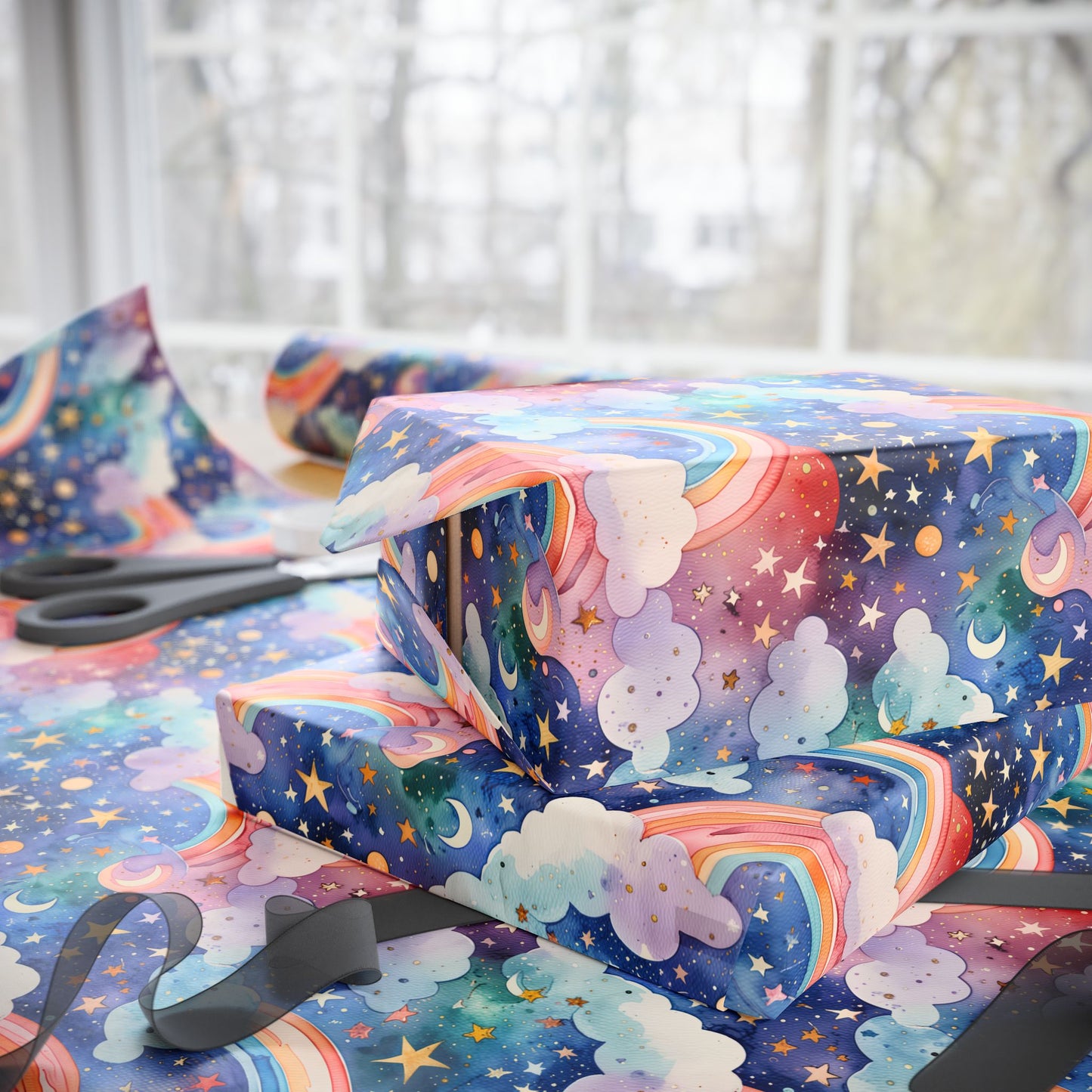 Celestial Rainbows – Whimsical Night Sky Wrapping Paper