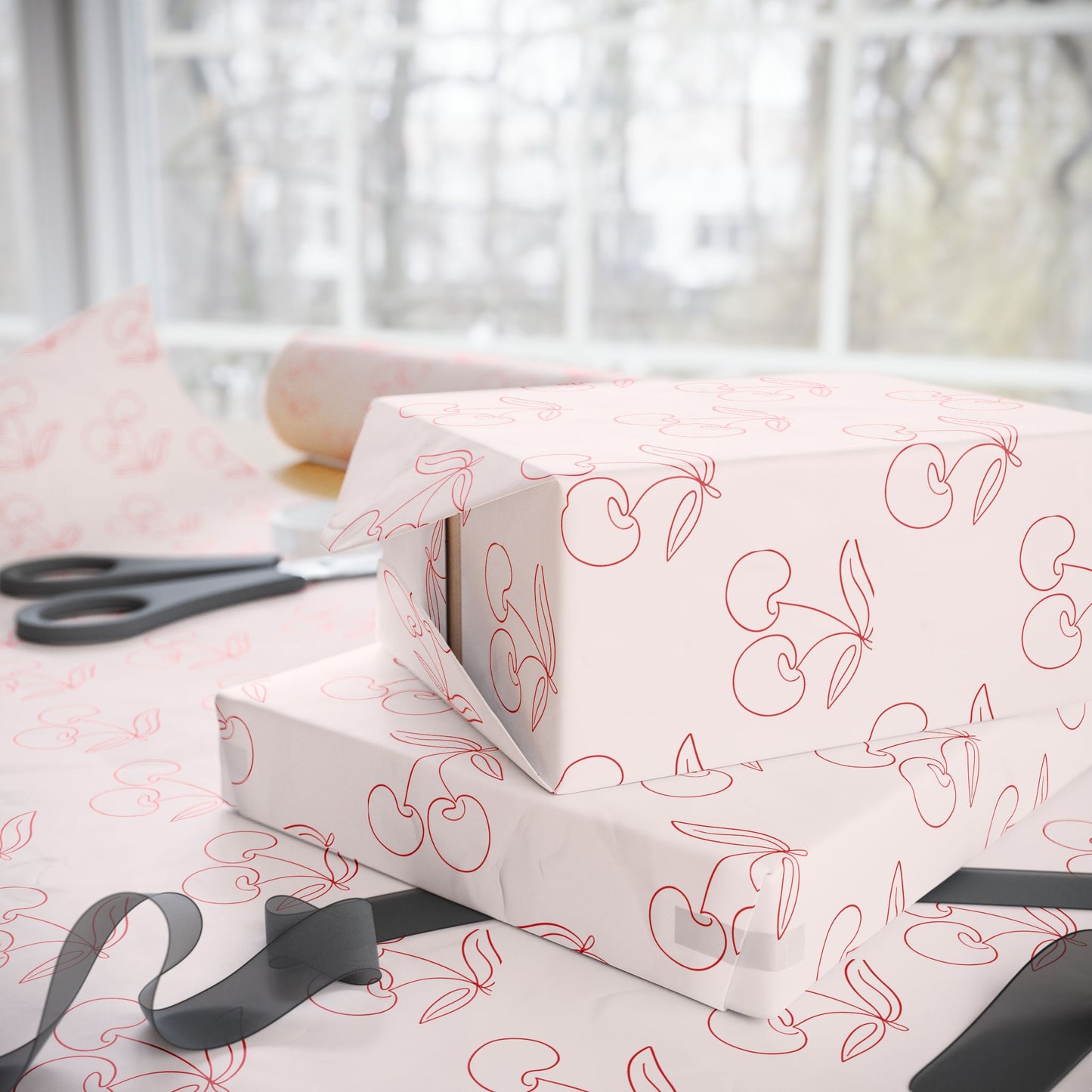 Chic Red Cherry Line Drawn Gift Wrap