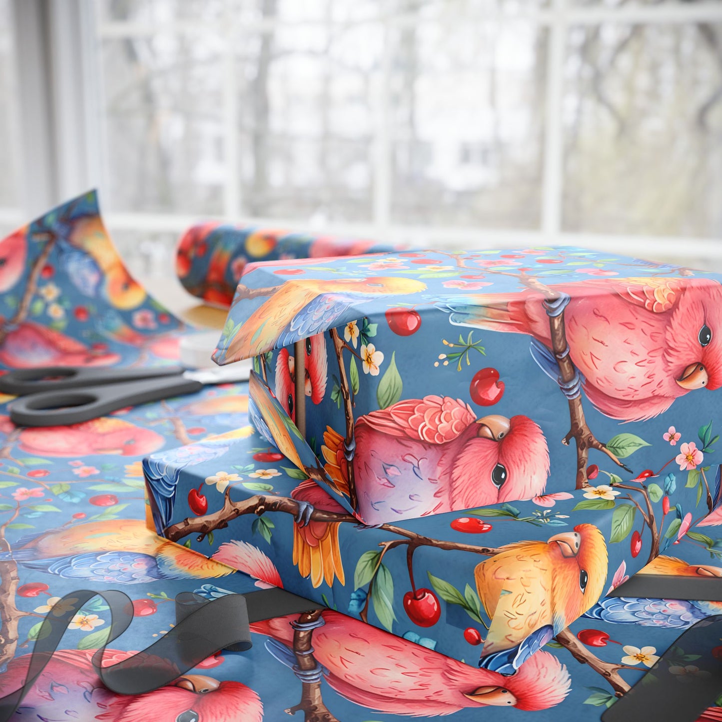 Pastel Lovebirds Cute Valentines Day Gift Paper with Cherries and Flowers