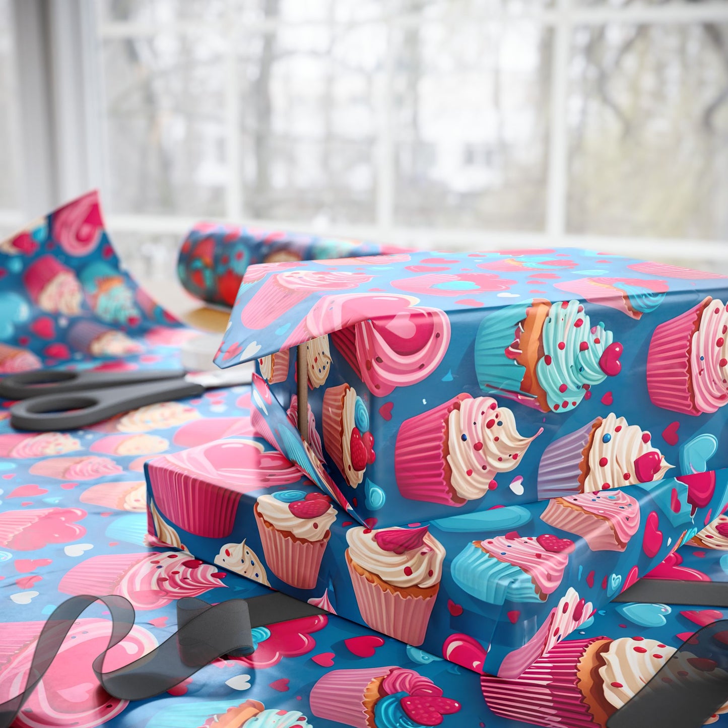Hearts, Cupcakes, Hot Pink and Blue Valentine Gift Paper