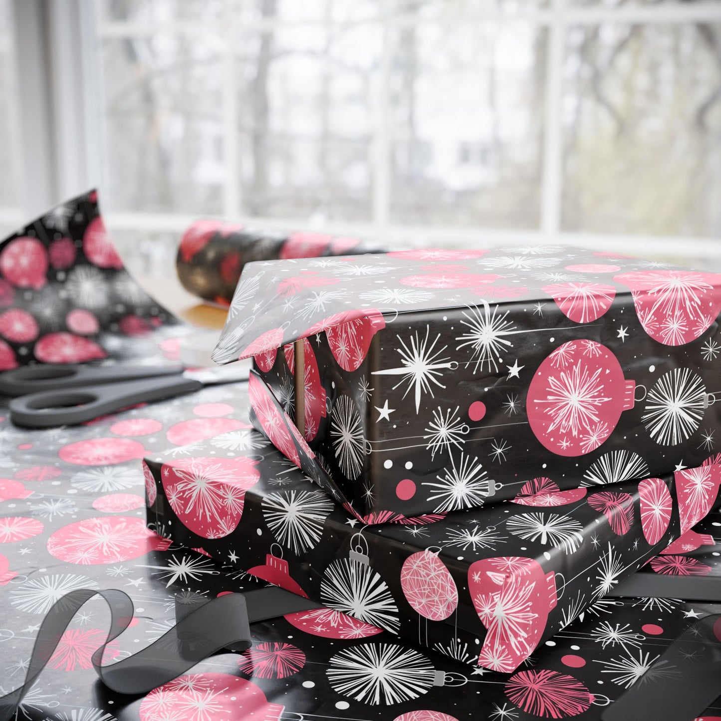 Bubble Glam & Bauble Jam – Pink Retro Ornament Wrapping Paper