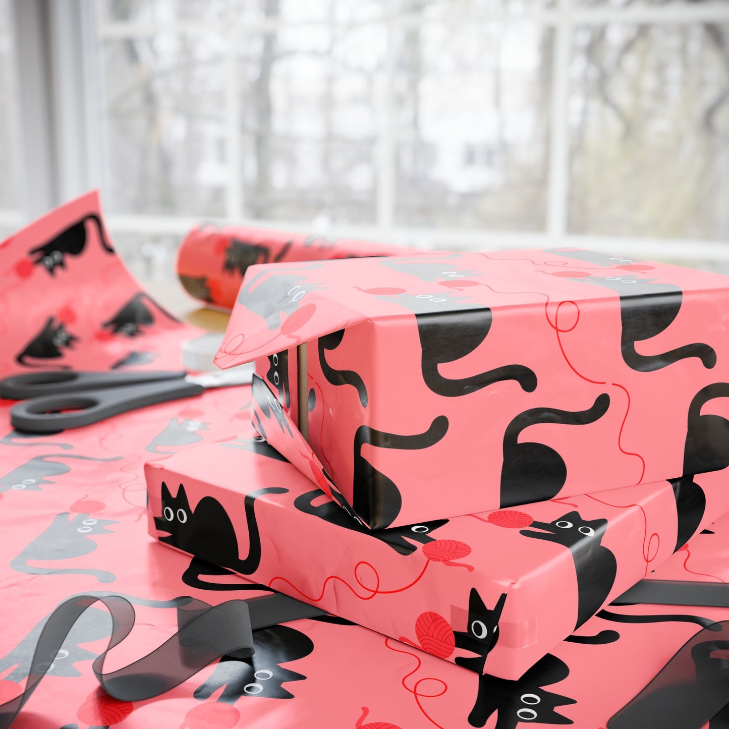 Pink Cat Wrapping Paper – Playful Black Kitty Design for Every Occasion