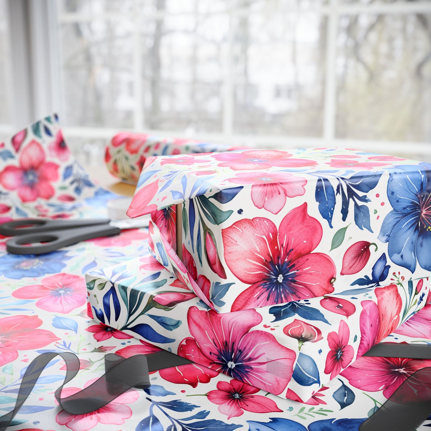 Pink and Blue Watercolor Flowers