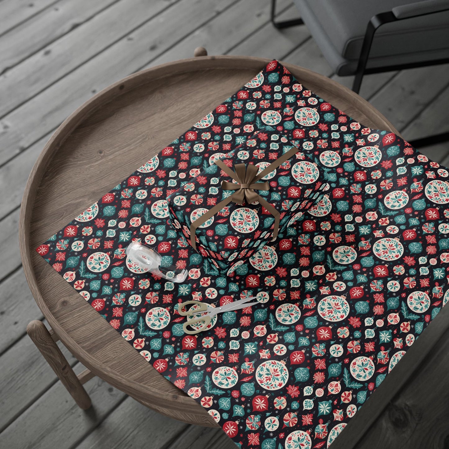 Colorful Aqua and Red Ornaments Wrapping Paper