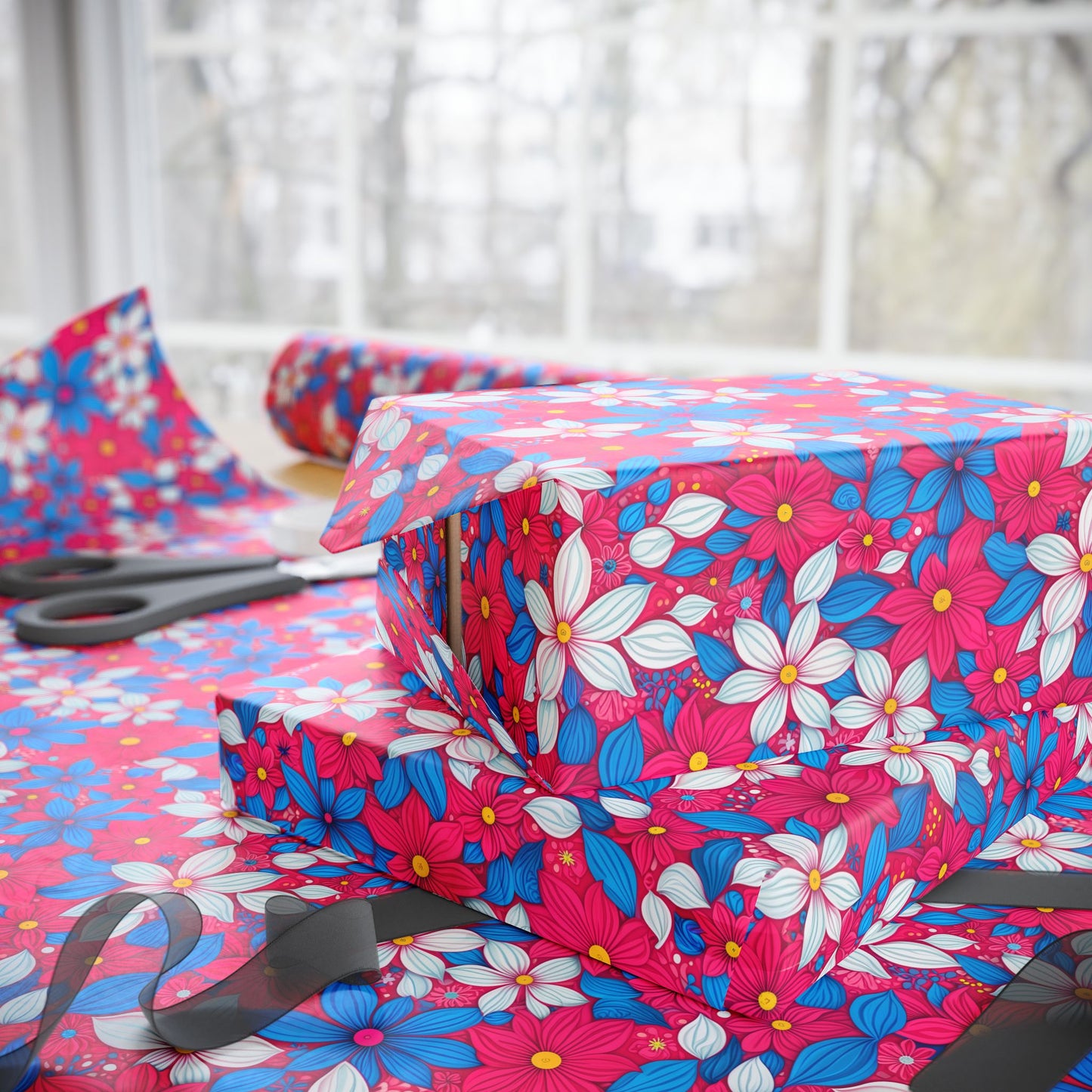 Vibrant Pink, White and Blue Floral Wrapping Paper