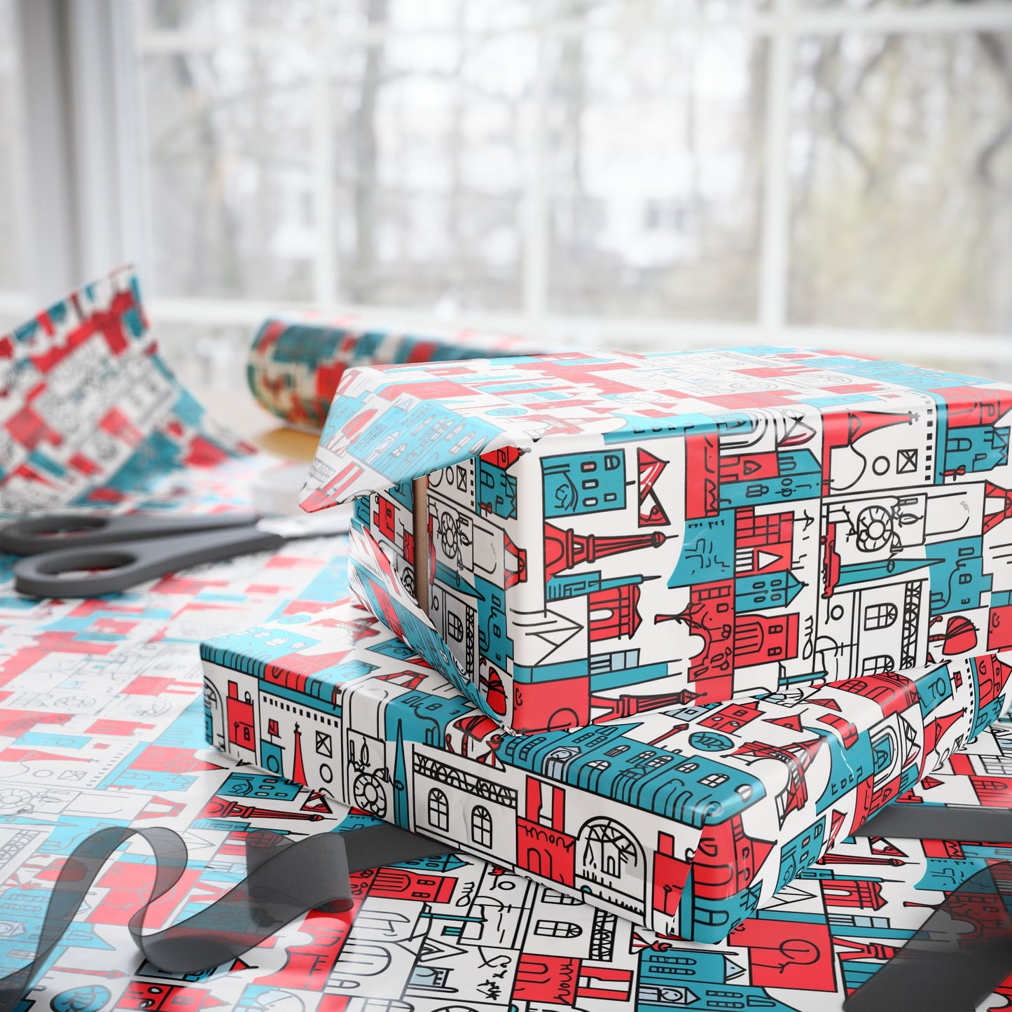 Wrapping Papers: Colorful Blue & Red Abstract Cityscape