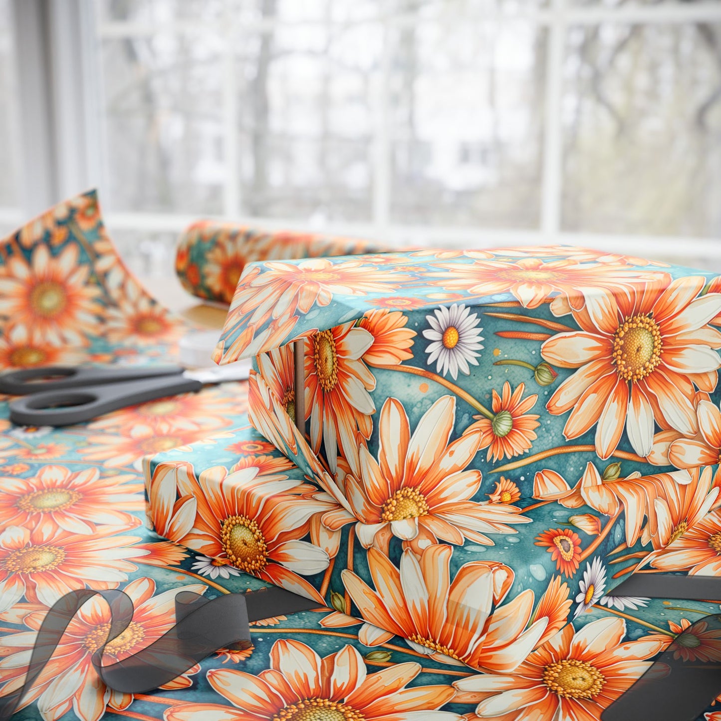 Vibrant Orange Floral Wrapping Paper