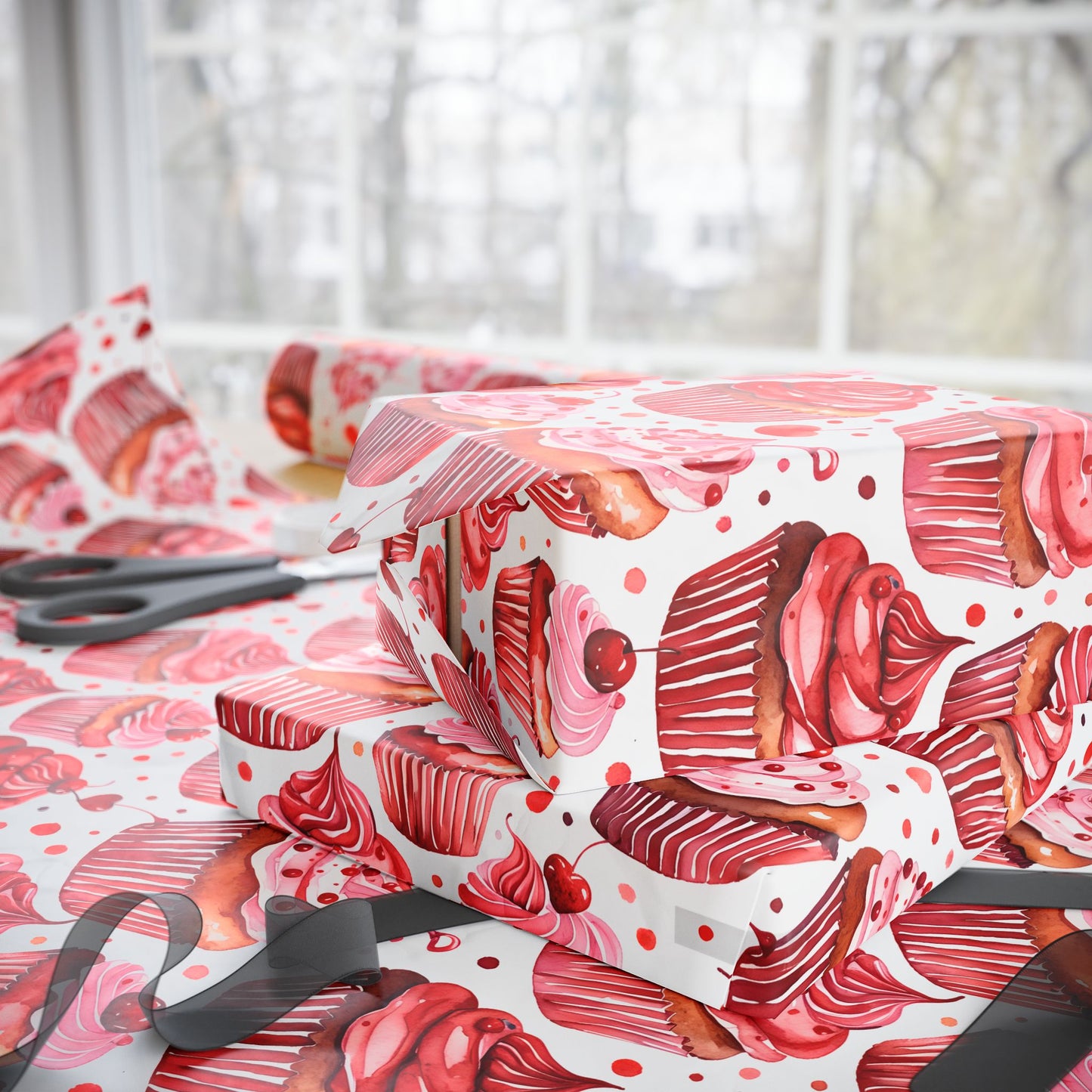 Cheerful Red Cupcake Wrapping Paper