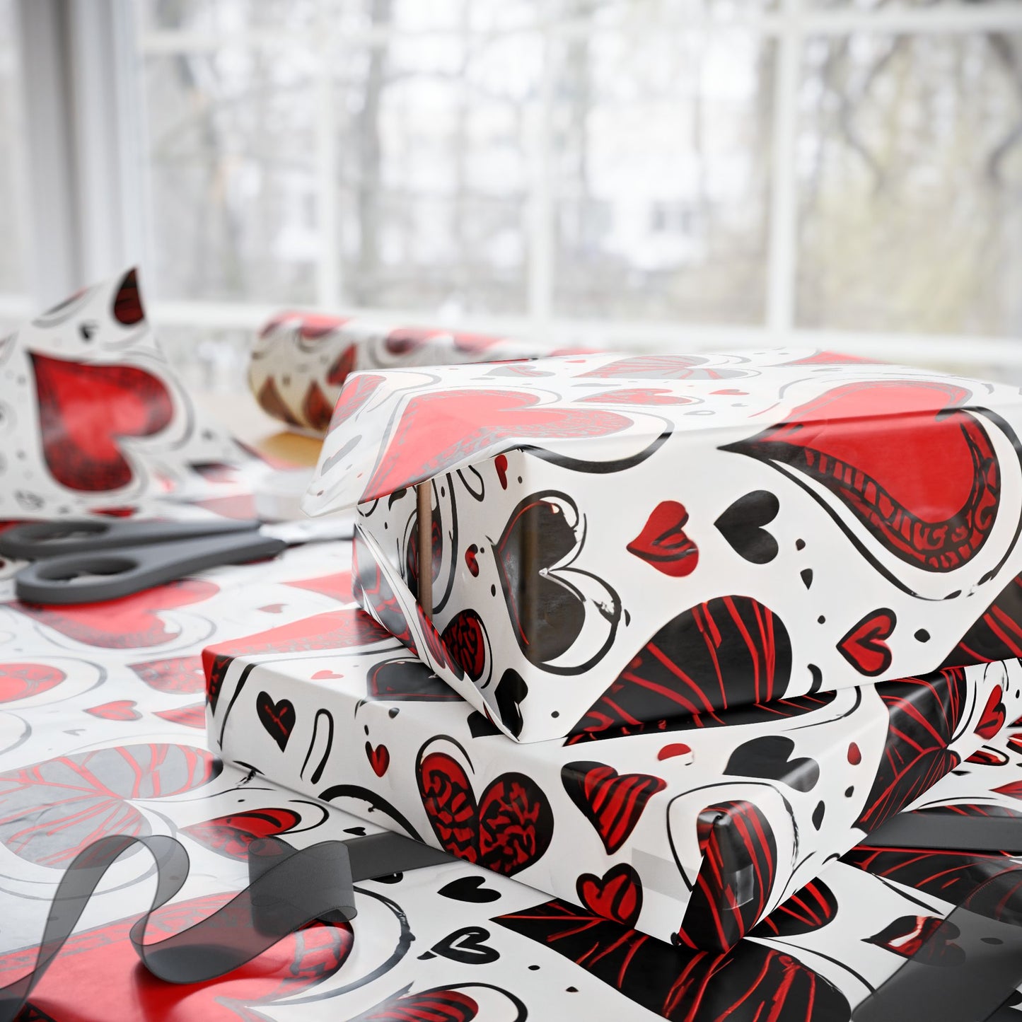 Stylish Gift Wrap with Vibrant Hearts in Black and Red