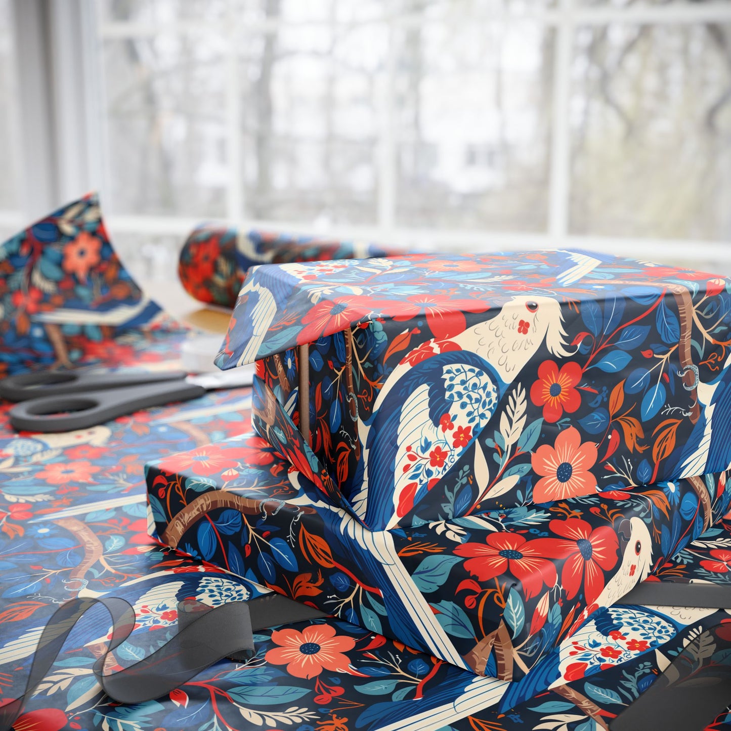 Red and Blue Parrot Floral Gift Wrap Paper