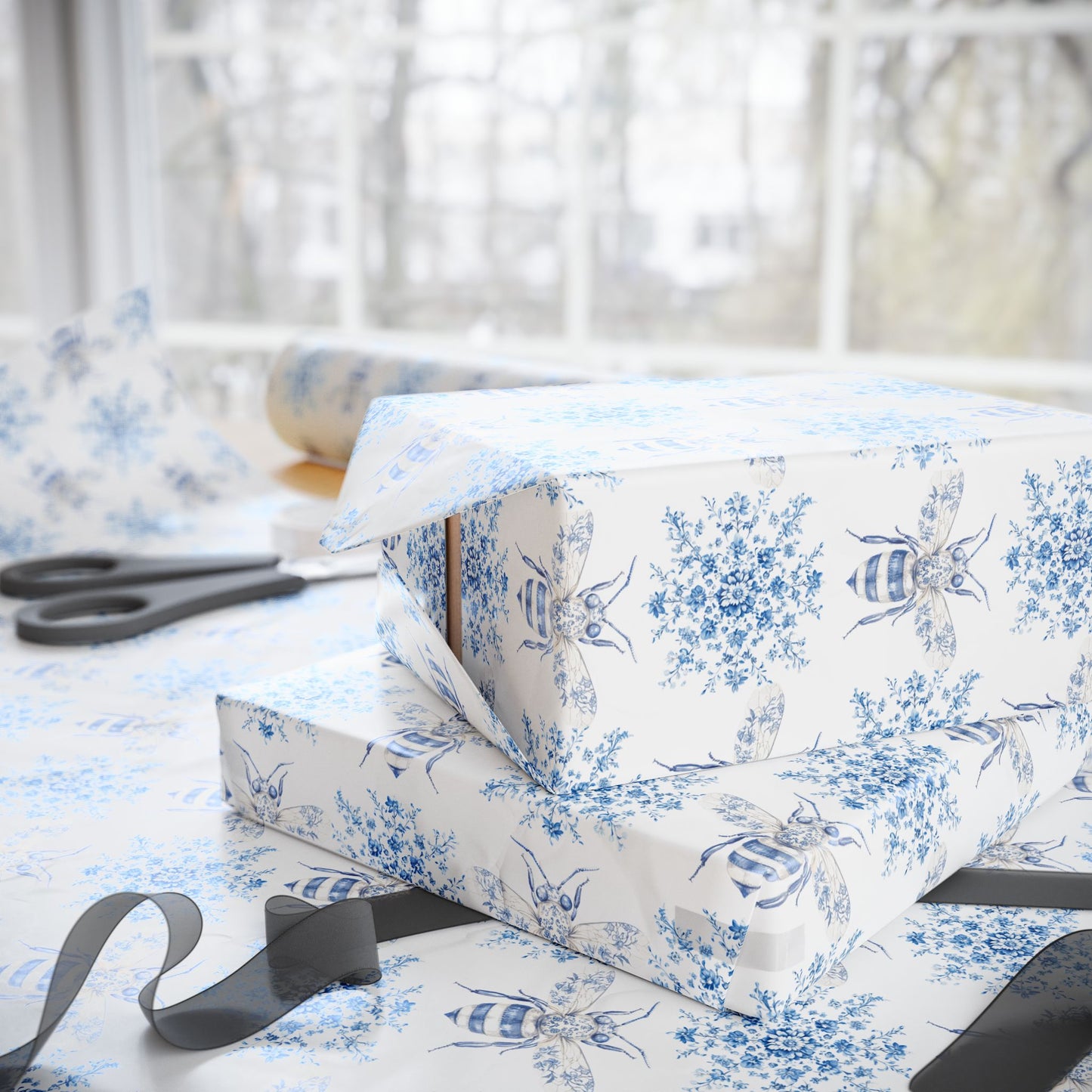 Blue and White Toile Bumble Bees