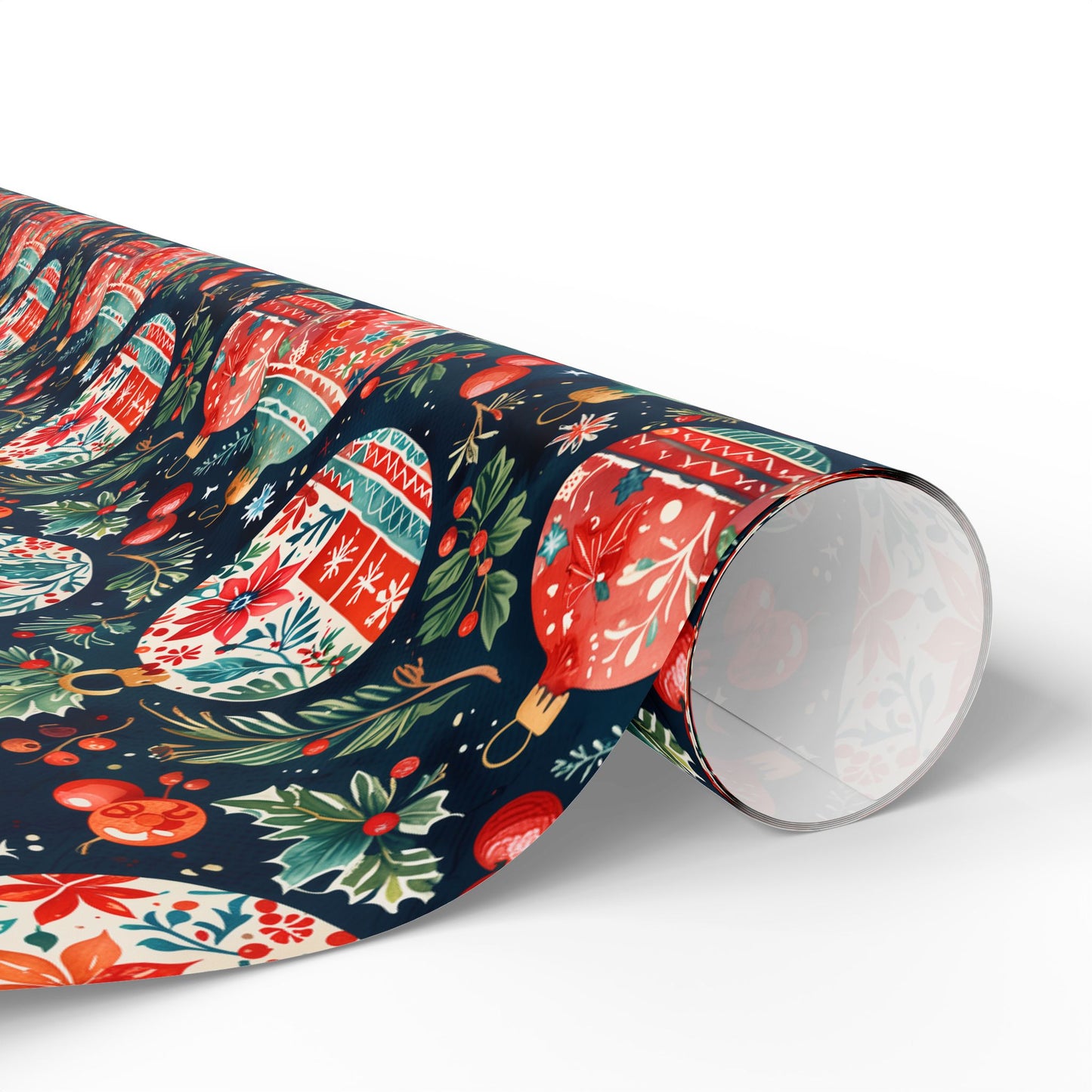 Twinkle Tinsel & Midnight Mistletoe – Folk Art Ornament Wrapping Paper