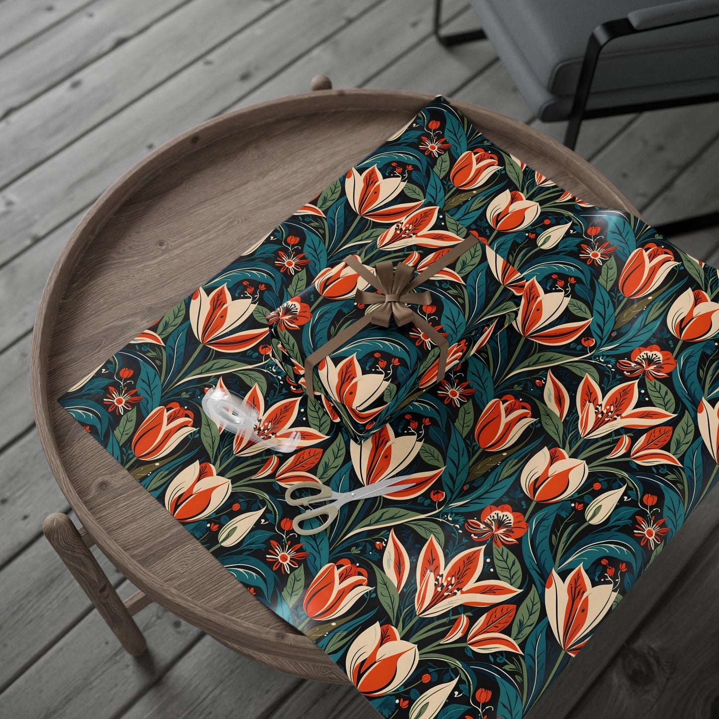Orange Green Blue Botanical Floral Wrap for Presents