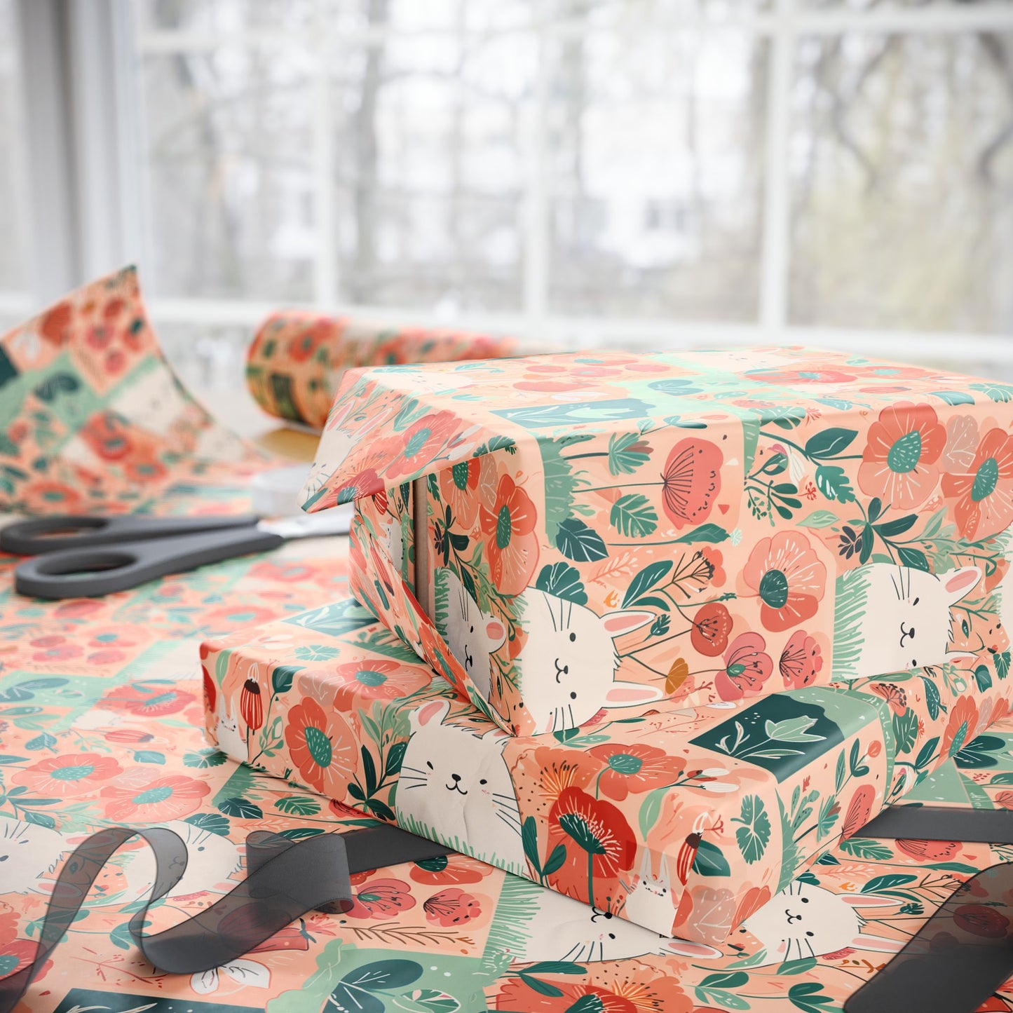 Bunny and Floral Wrapping Paper Roll