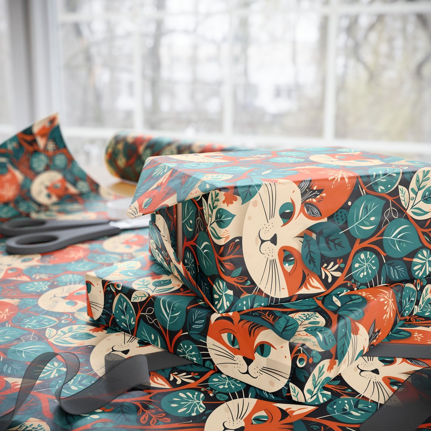 Green Orange Retro Cat Pattern Gift Wrap