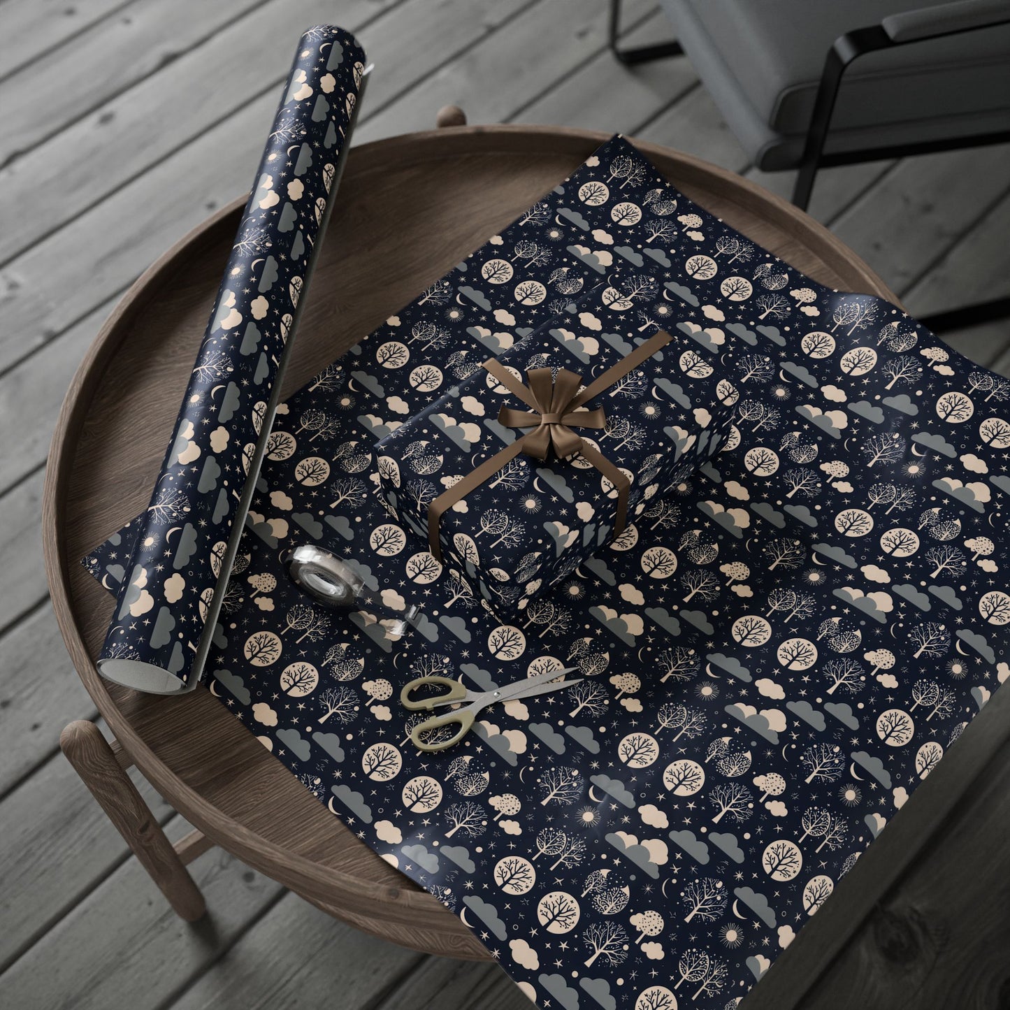 Wrapping Paper - Abstract Moon Stars and Trees in Black and Beige