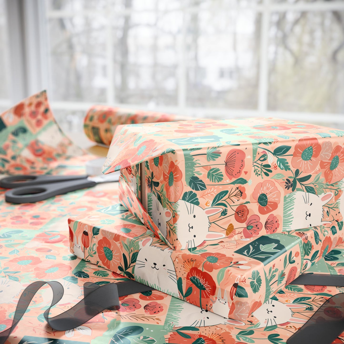 Bunny and Floral Wrapping Paper Roll