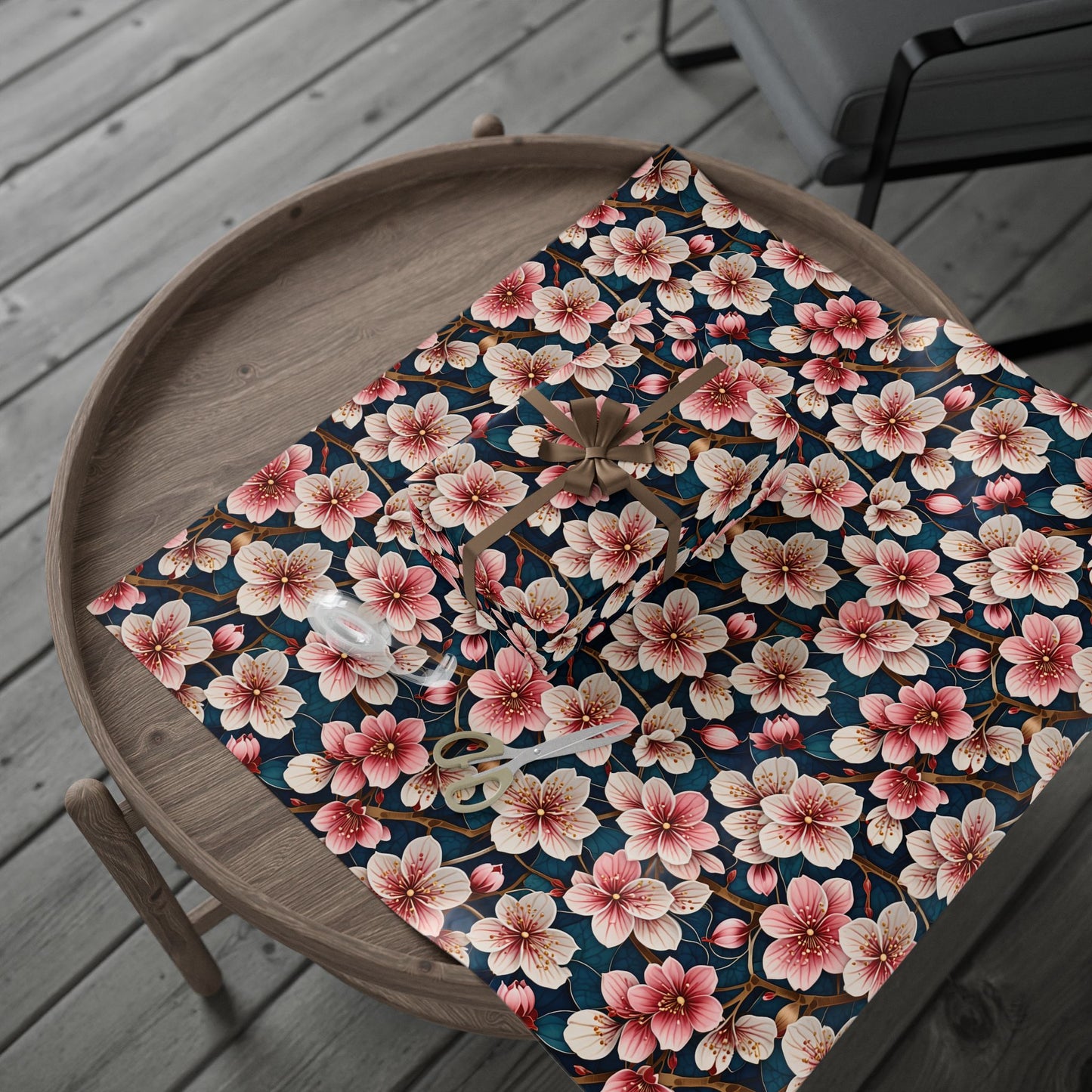 Botanical Patterned Decorative Paper Pink Floral with deep Blue Leaves