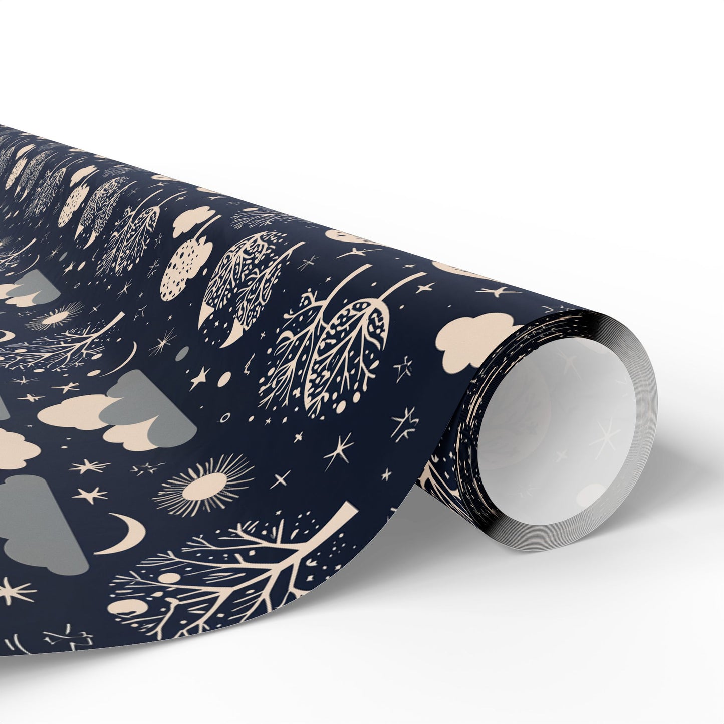 Wrapping Paper - Abstract Moon Stars and Trees in Black and Beige