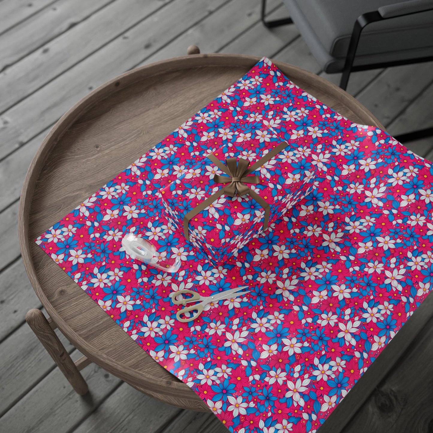 Vibrant Pink, White and Blue Floral Wrapping Paper