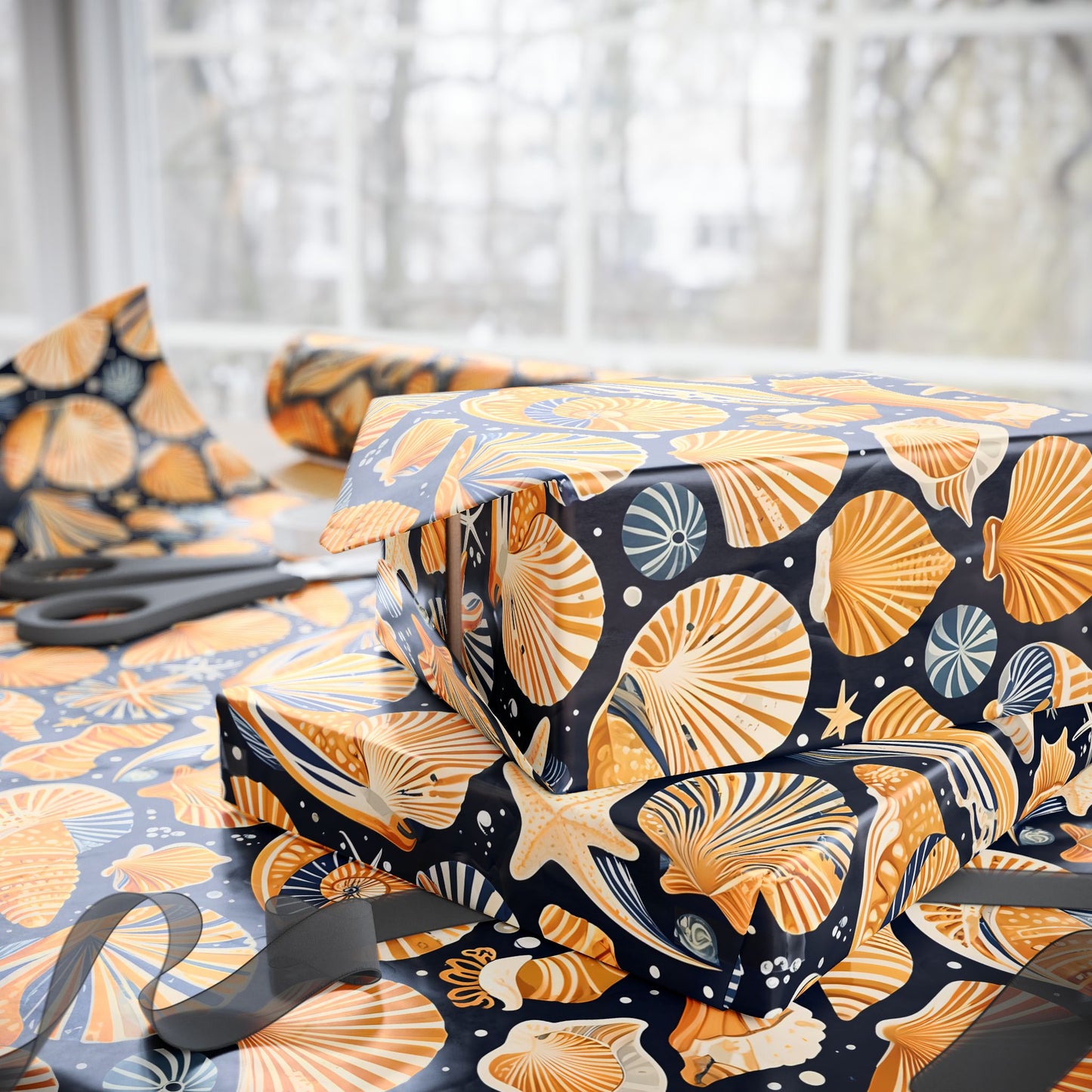 Seashell - Inspired Navy and Yellow Gift Wrap