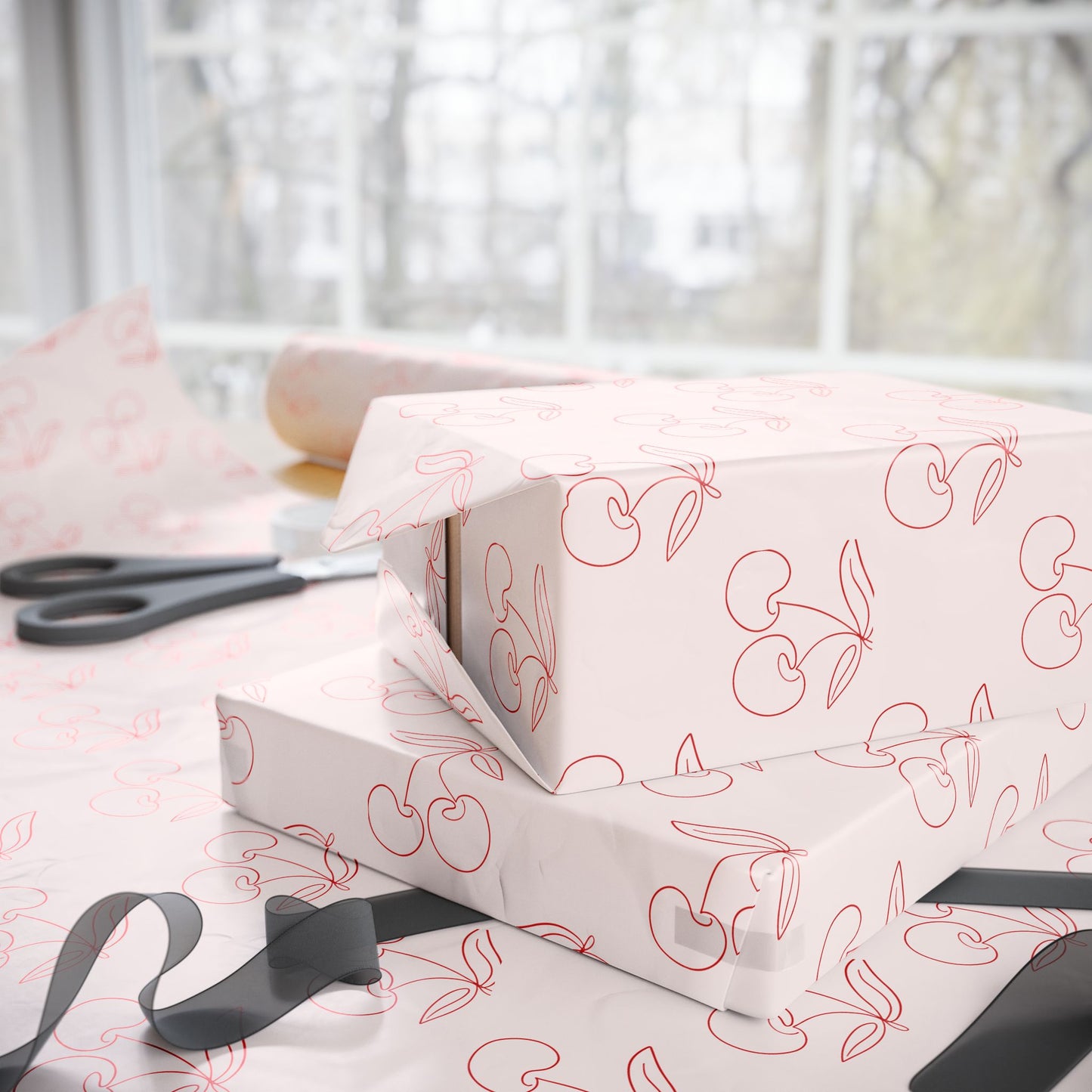 Chic Red Cherry Line Drawn Gift Wrap
