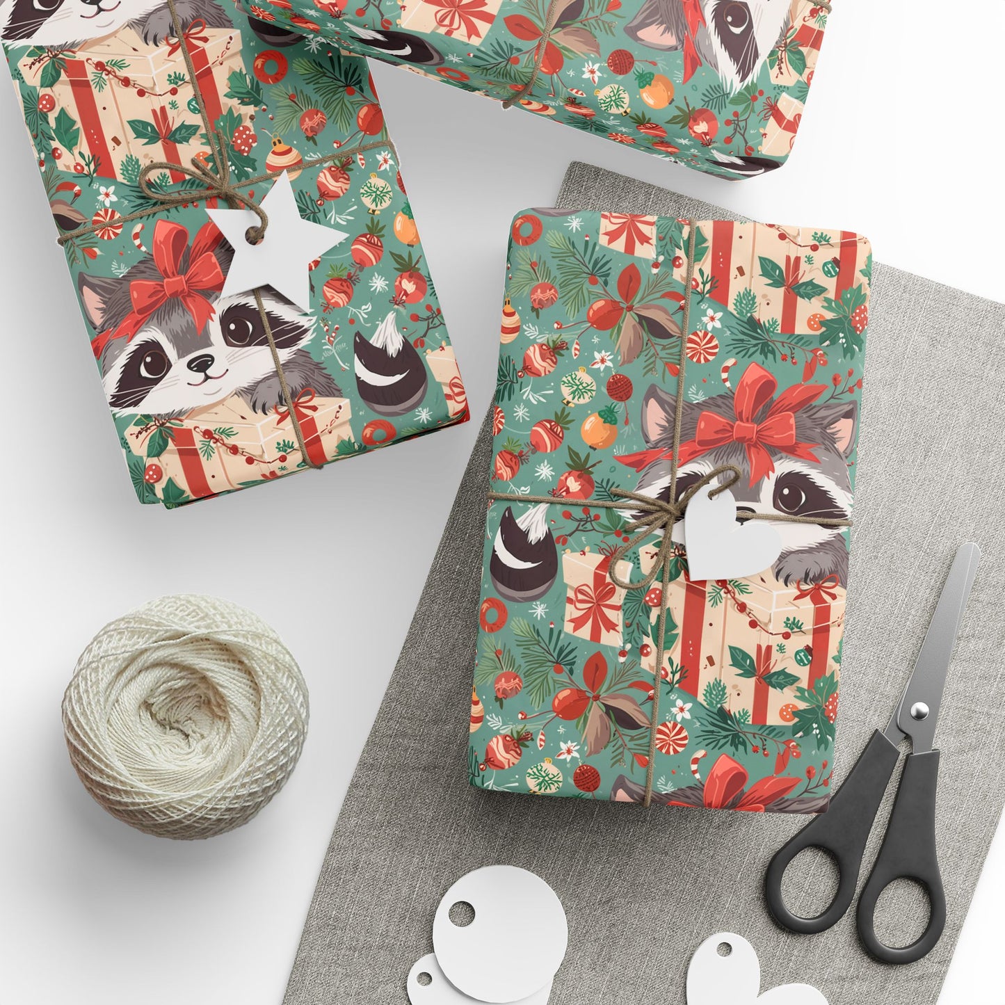 Raccoon Around the Christmas Tree – Whimsical Woodland Wrapping Paper