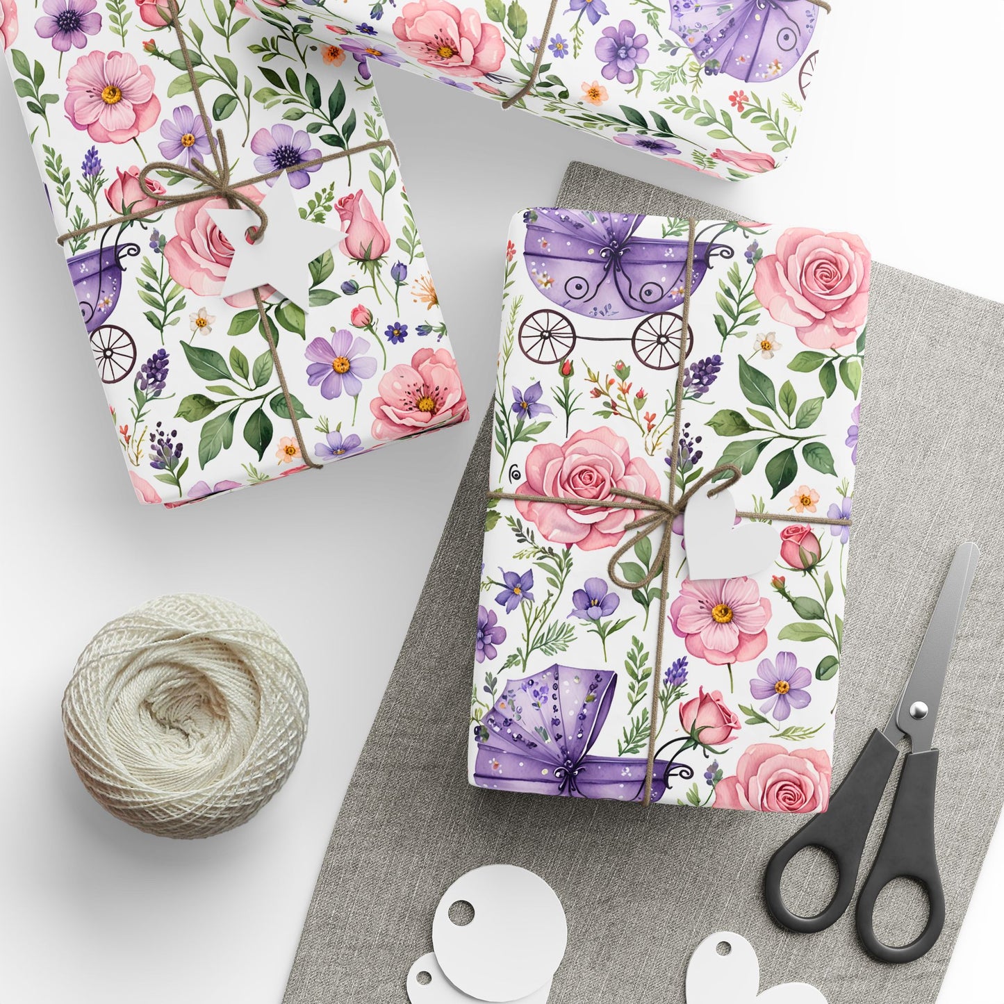 Baby Shower Gift Wrap with Floral and Baby Carriage Design