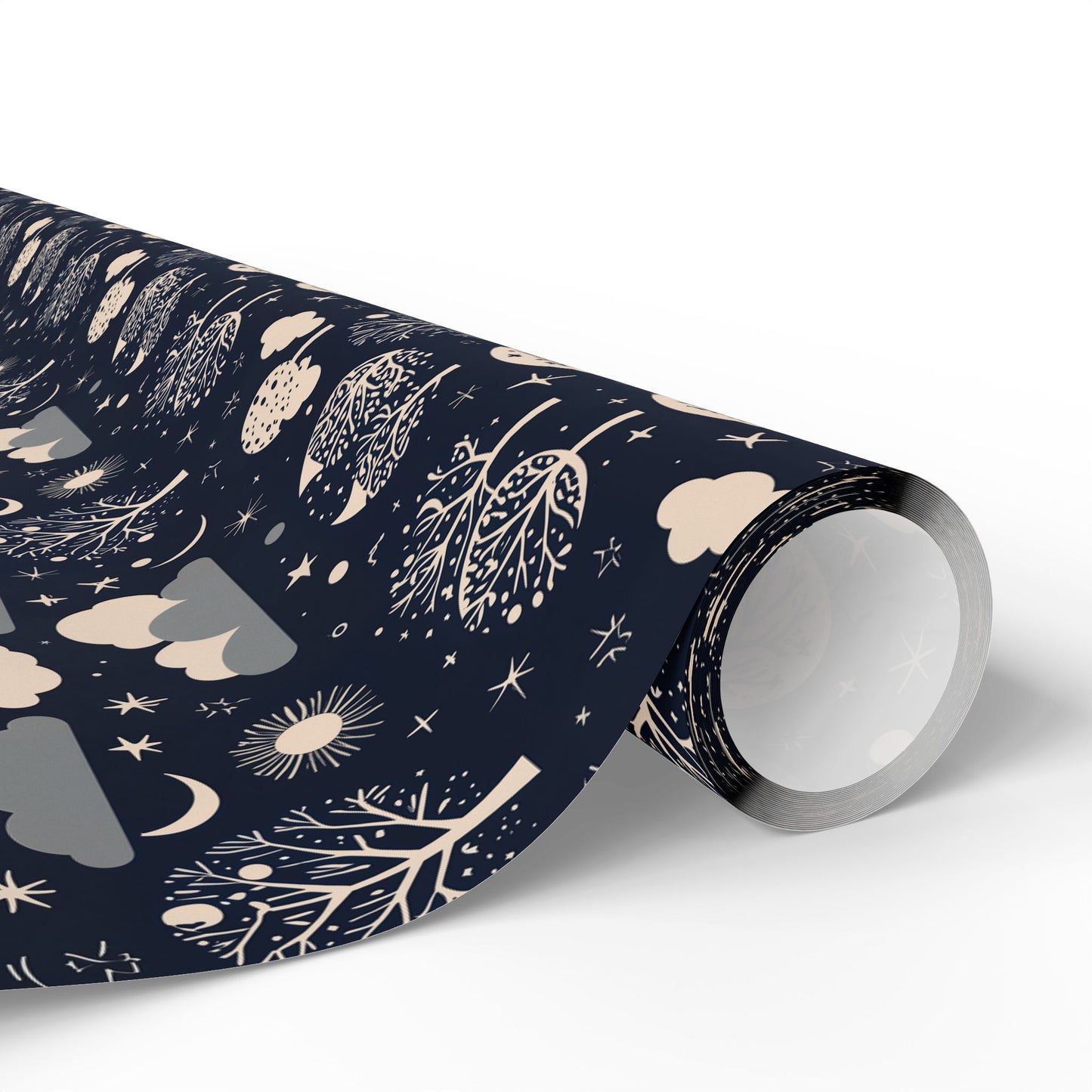 Wrapping Paper - Abstract Moon Stars and Trees in Black and Beige