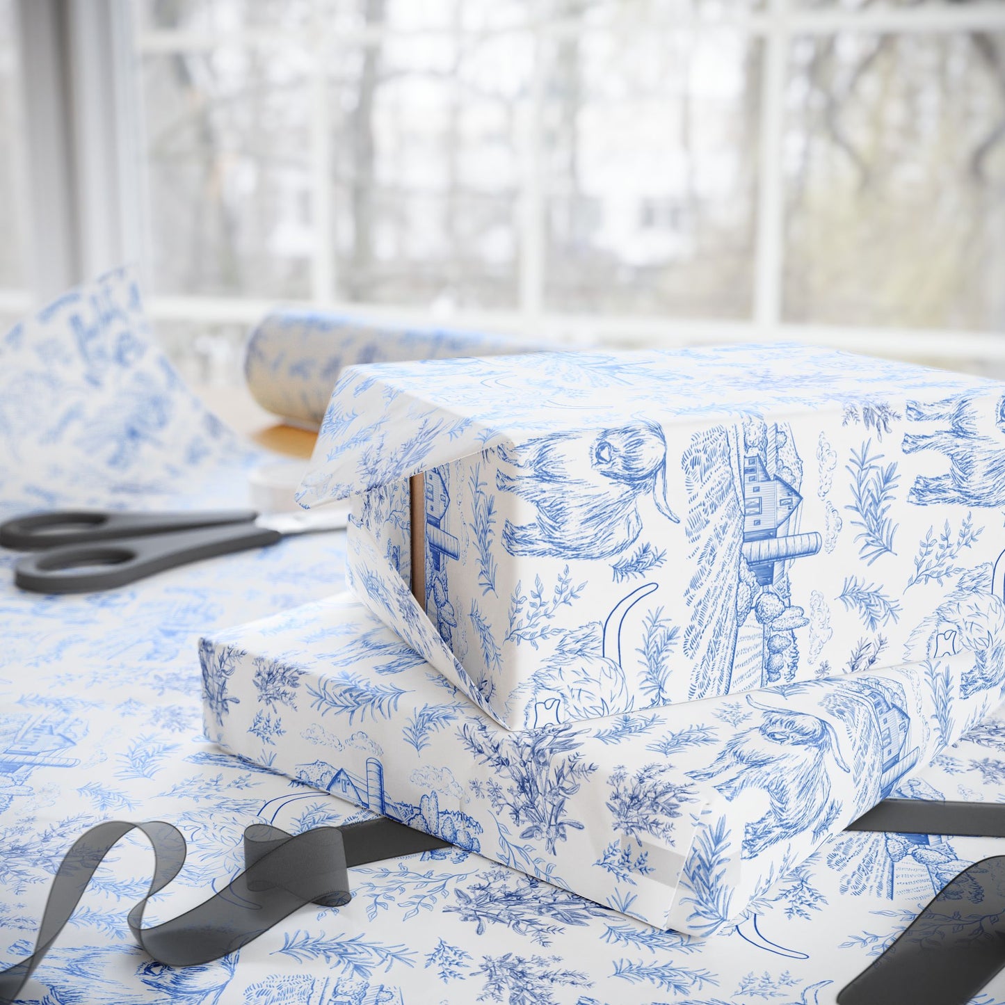 Highland Cow Toile de Jouy Farm Scene