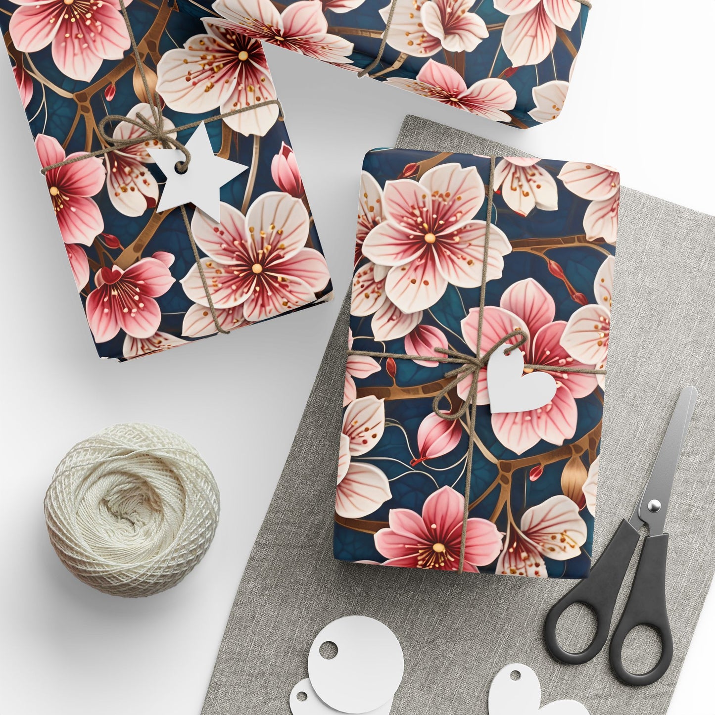 Botanical Patterned Decorative Paper Pink Floral with deep Blue Leaves