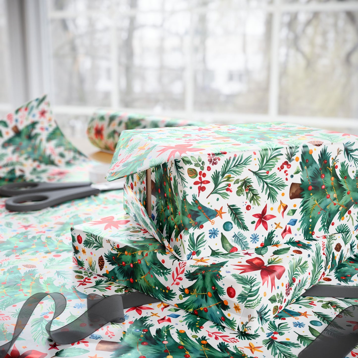 Merry & Bright Botanicals – Watercolor Tree & Garland Wrapping Paper