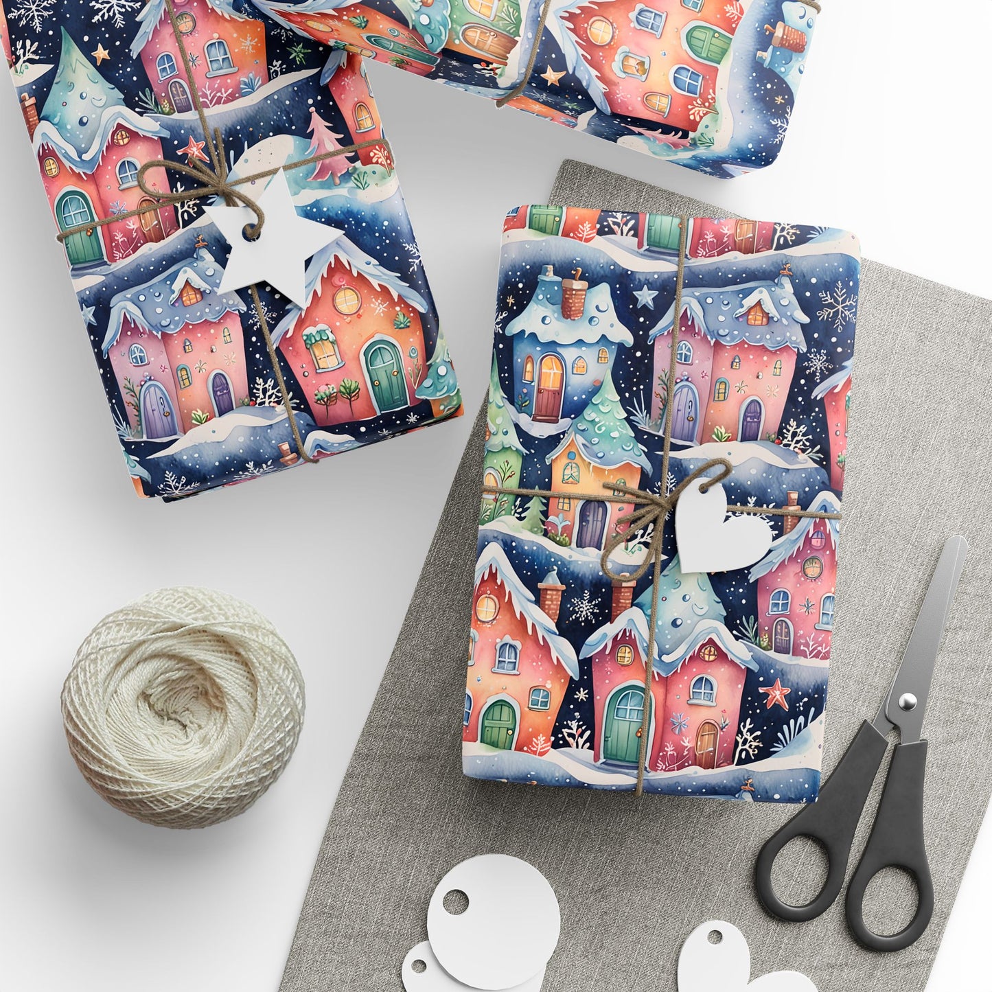 Holiday Wrapping Papers with Sparkling Star, Cute Snowflake, and Christmas Village Design