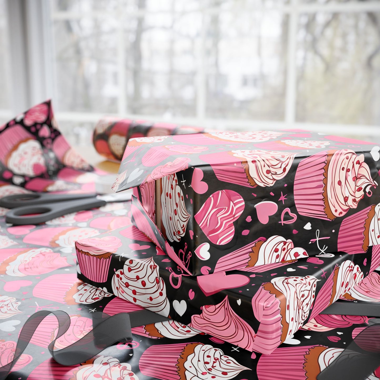 Cupcake and Heart Valentine Gift Paper in pink and white on a black background
