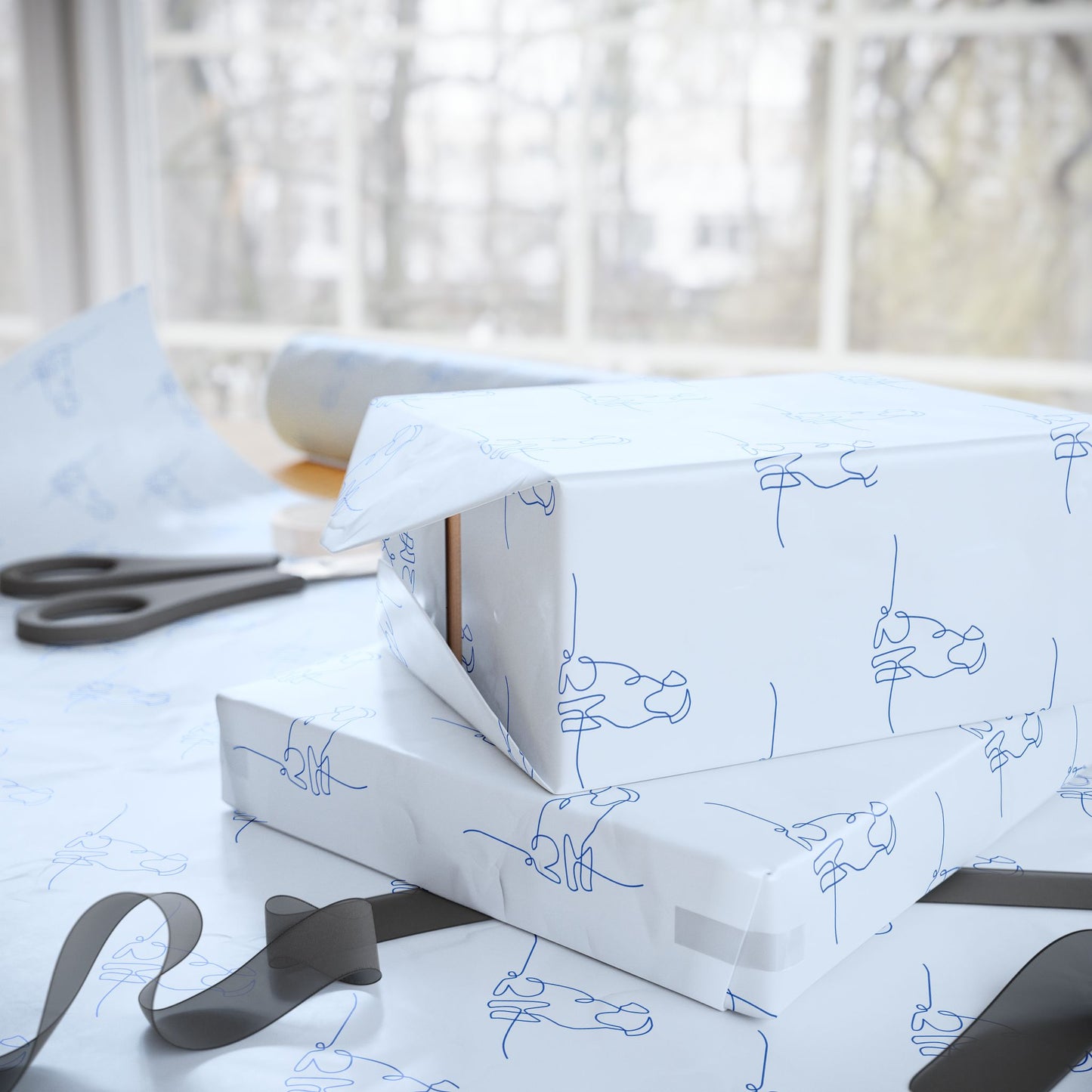 Blue Line Drawing Dog Gift Paper