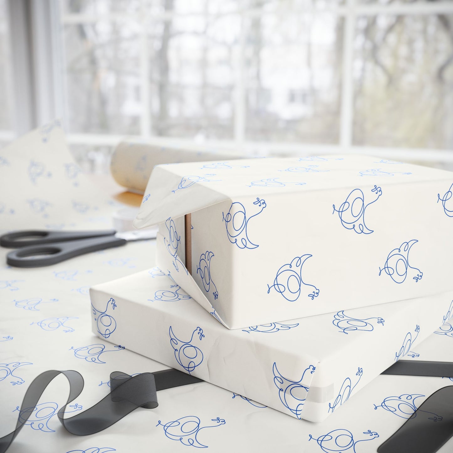 Blue Line Drawing Chicken Wrapping Papers